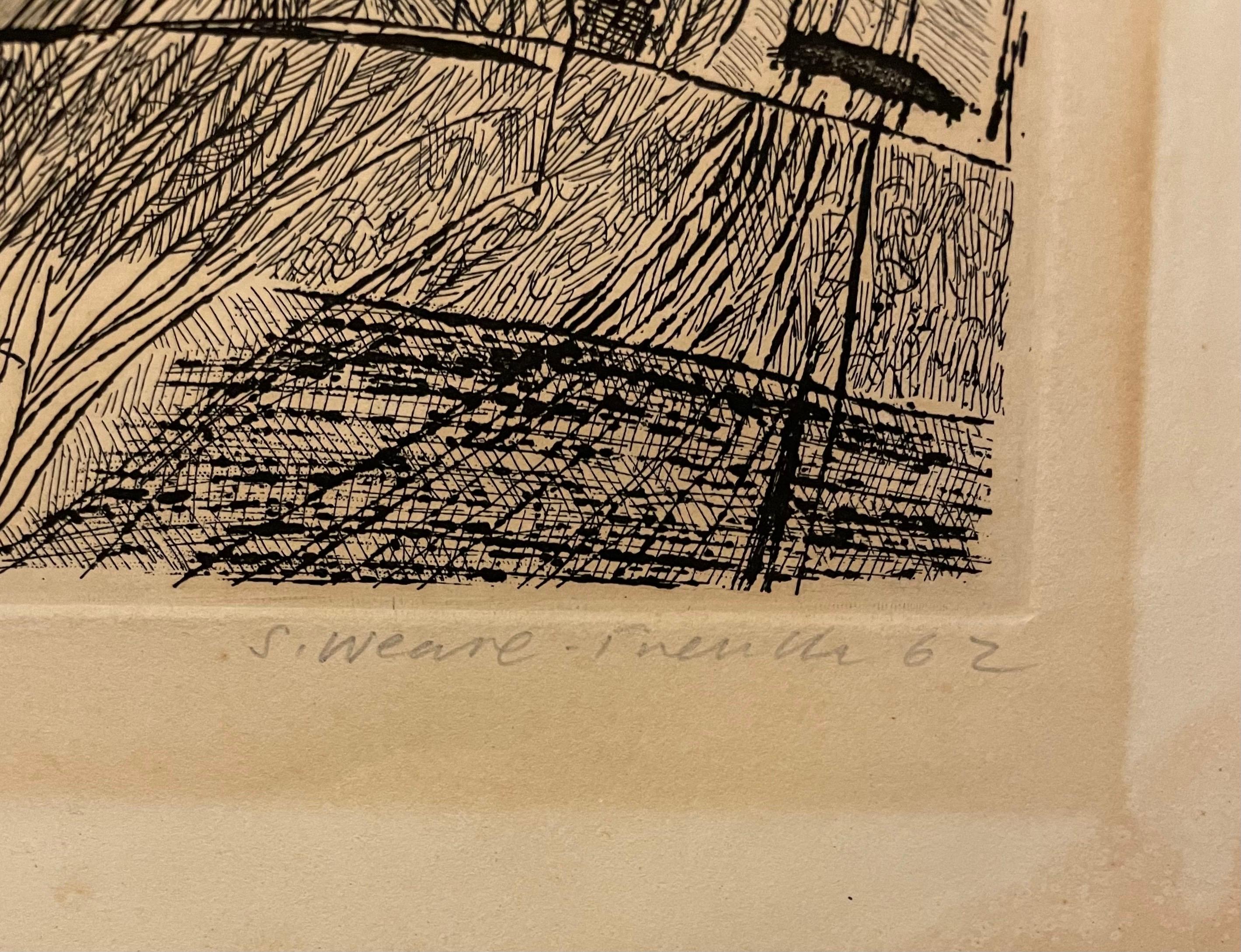 Abstract Drypoint Etching Iowa Landscape 1962 Shane Weare California Artist 1