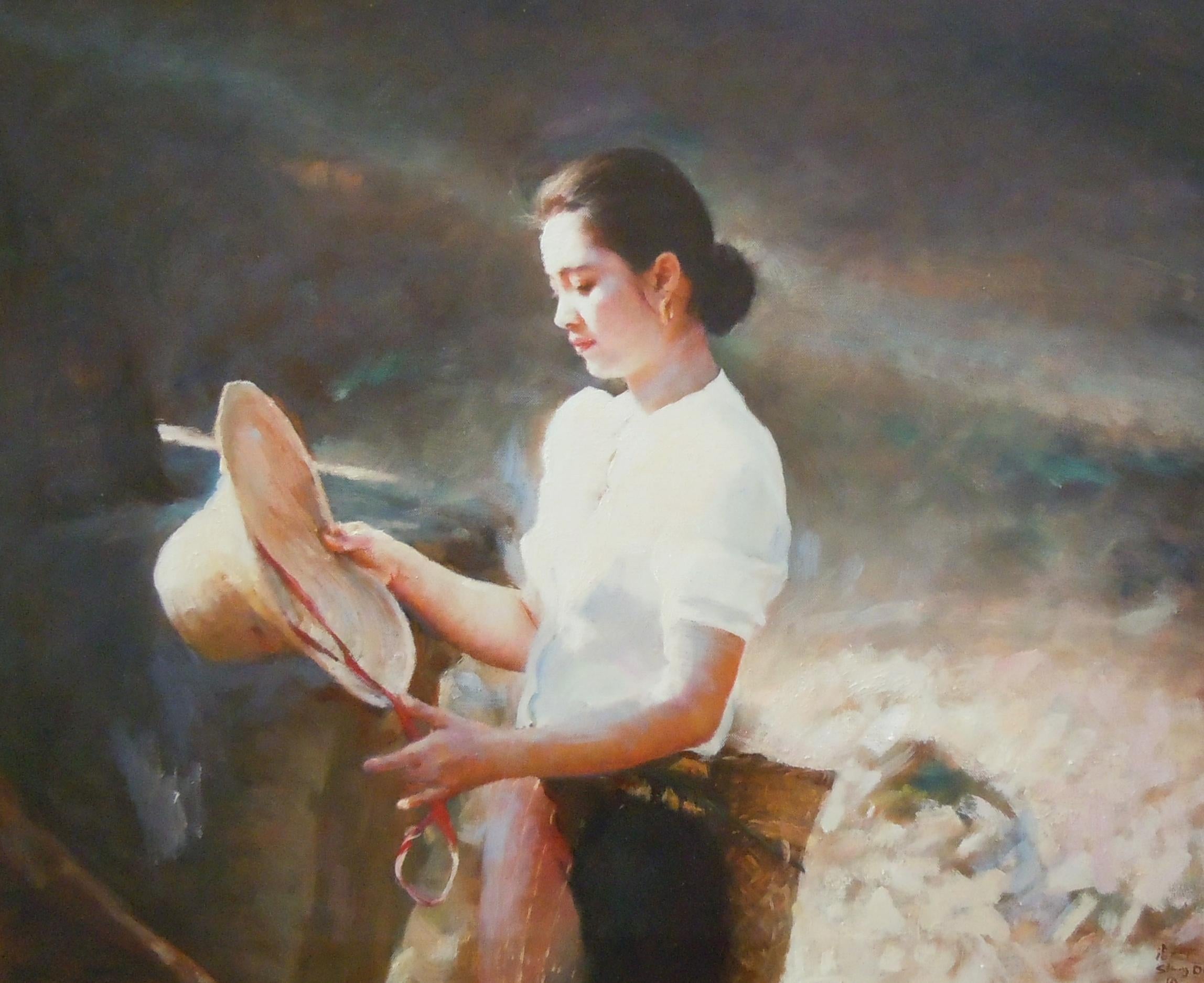 Shang Ding Portrait Painting – Yu Tan mit Strohhut