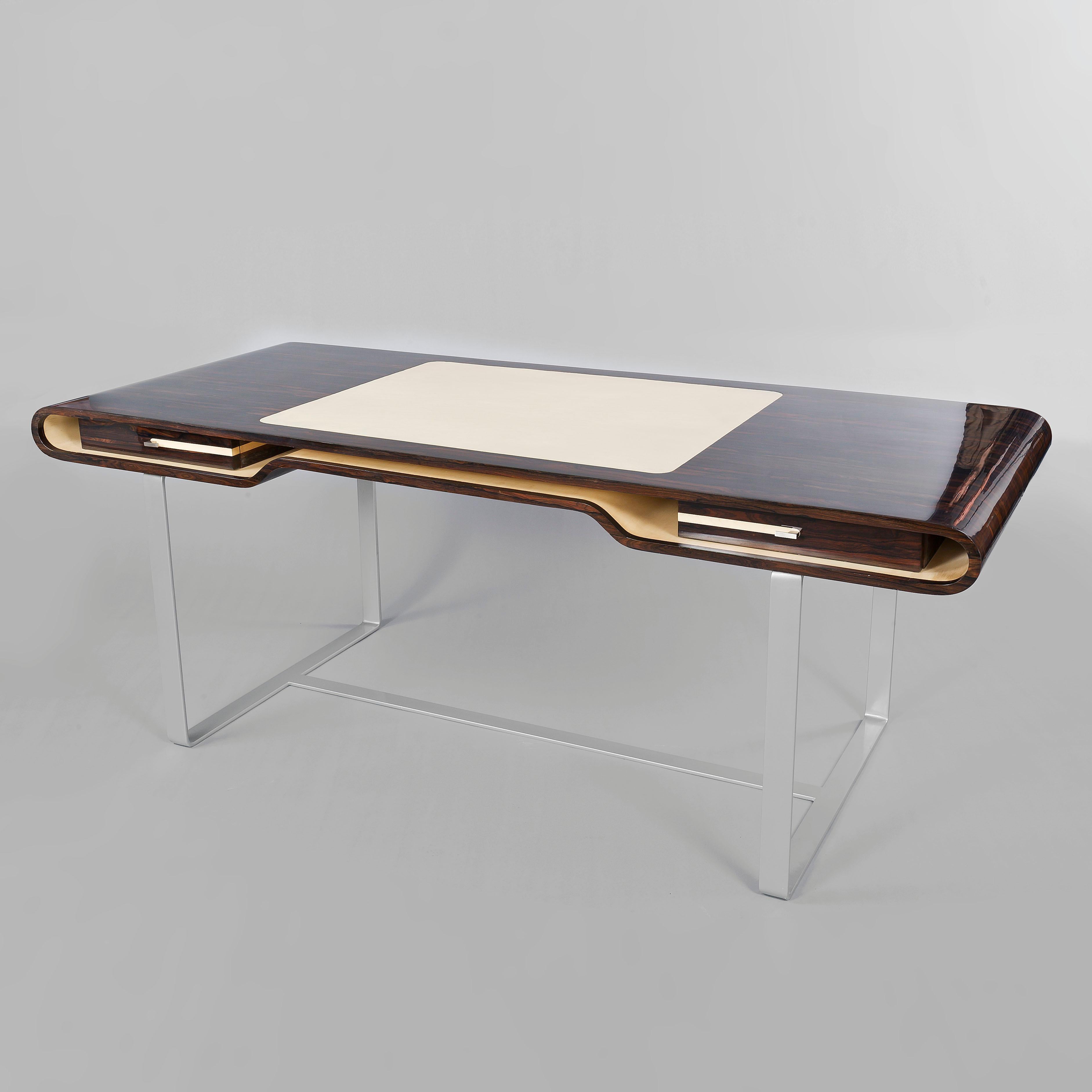 Contemporary Shanghai Desk in Ziricotte Wood, Leather Top and Silver Patined Leg