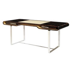 Shanghai Desk in Ziricotte Wood, Leather Top and Silver Patined Leg