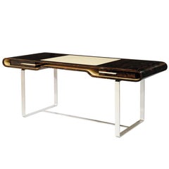 Shanghai Desk in Ziricotte Wood, Leather Top and Silver Patined Leg