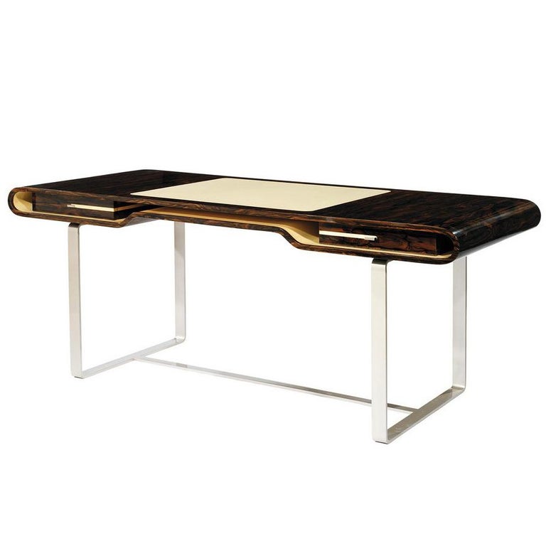 Shanghai Desk in Ziricotte Wood, Leather Top and Silver Patined Leg For Sale
