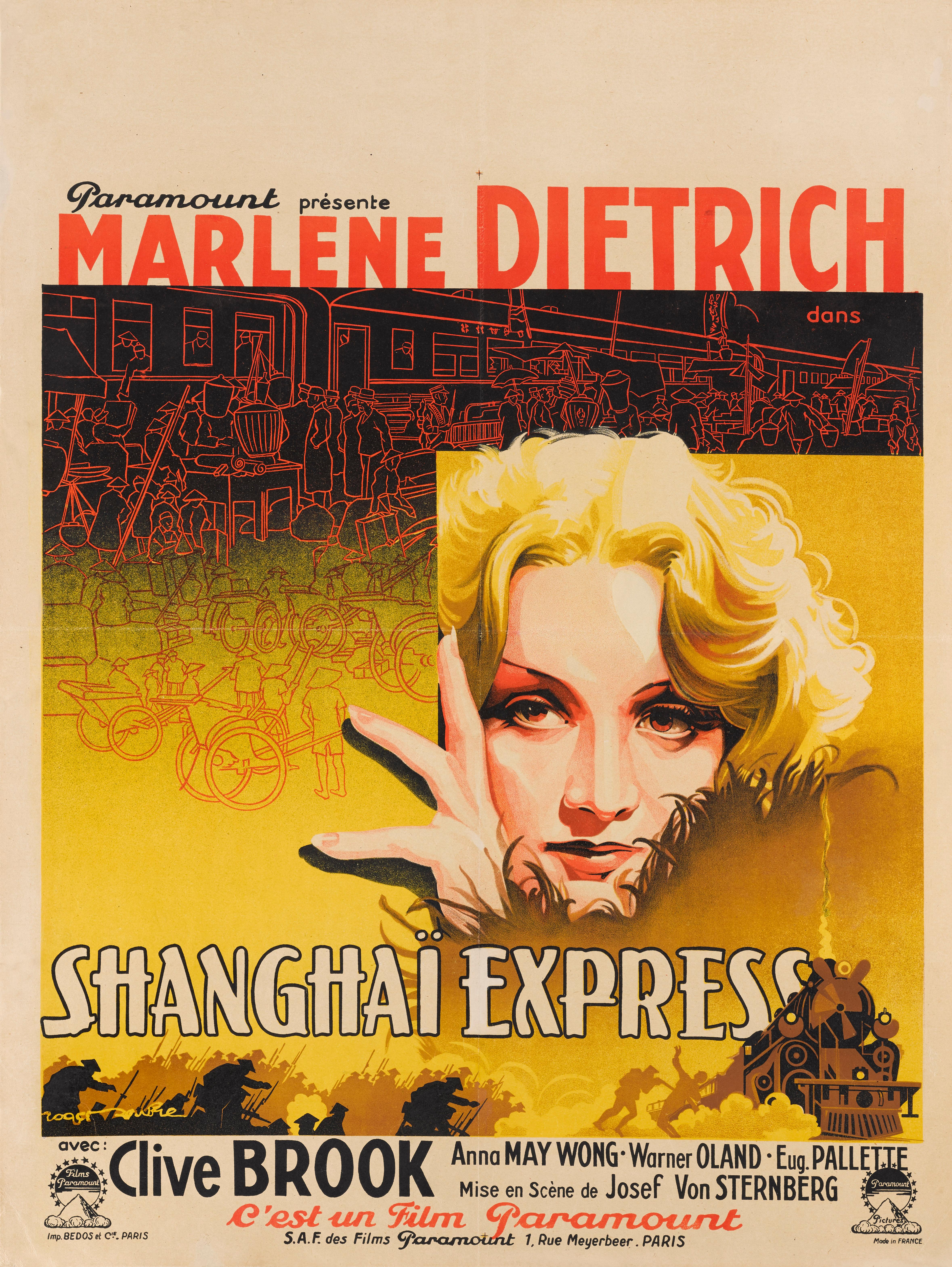 Framed Original French film poster for Shanghai Express, 1932.
This fantastically atmospheric melodrama is the third collaboration between director Josef von Sternberg and Marlene Dietrich. In a few years their careers would diverge, but between