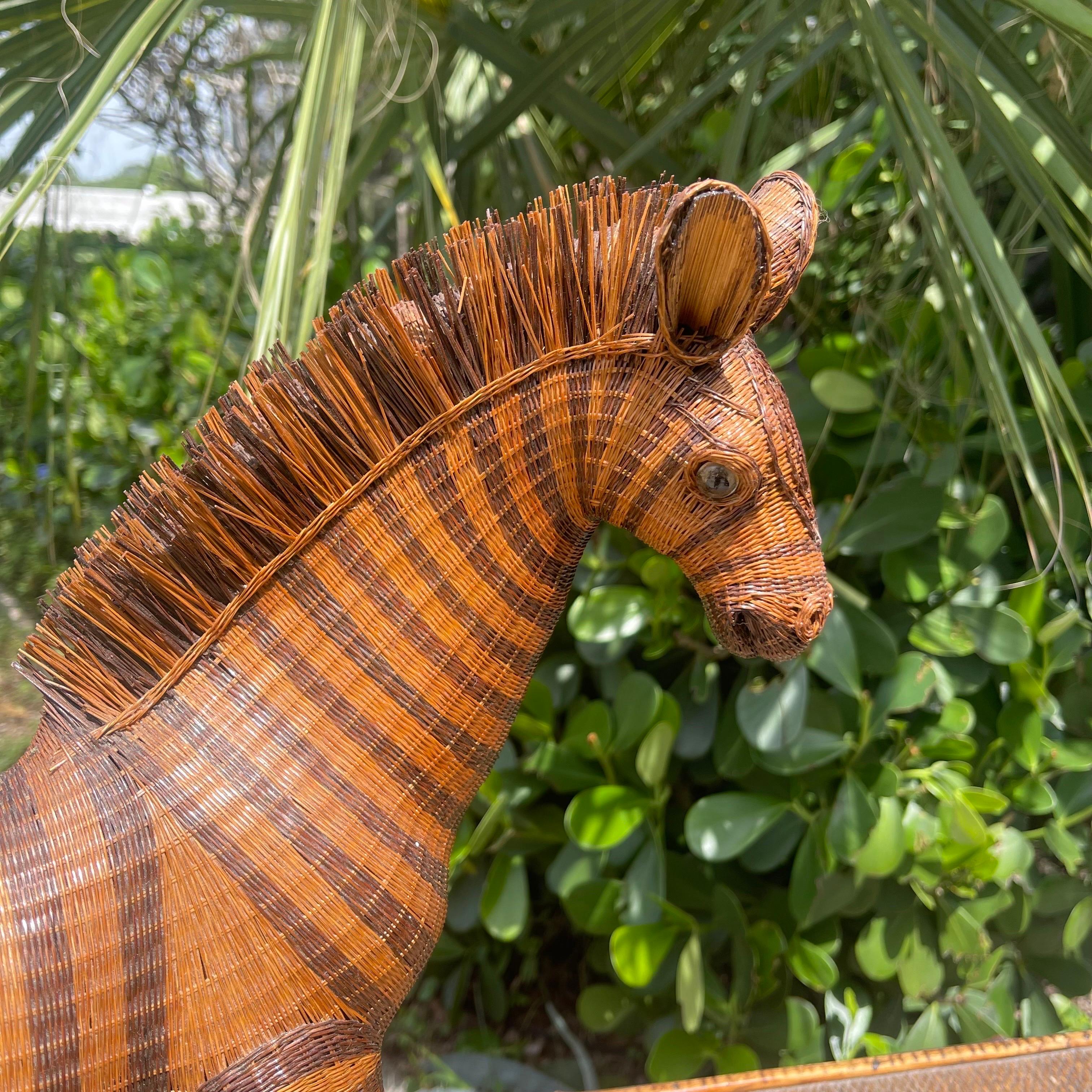 Whimsical, handmade wicker box in the form of a Zebra.