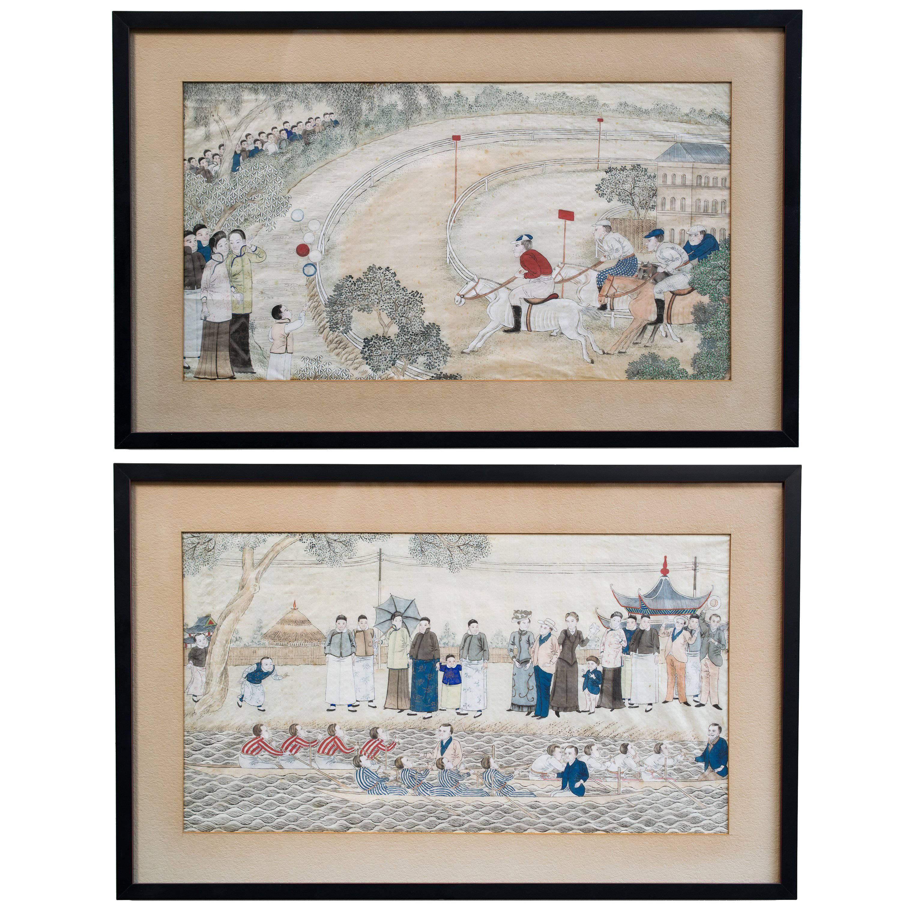 "Shanghai Race and Rowing Club" Pair of Chinese Silk Paintings