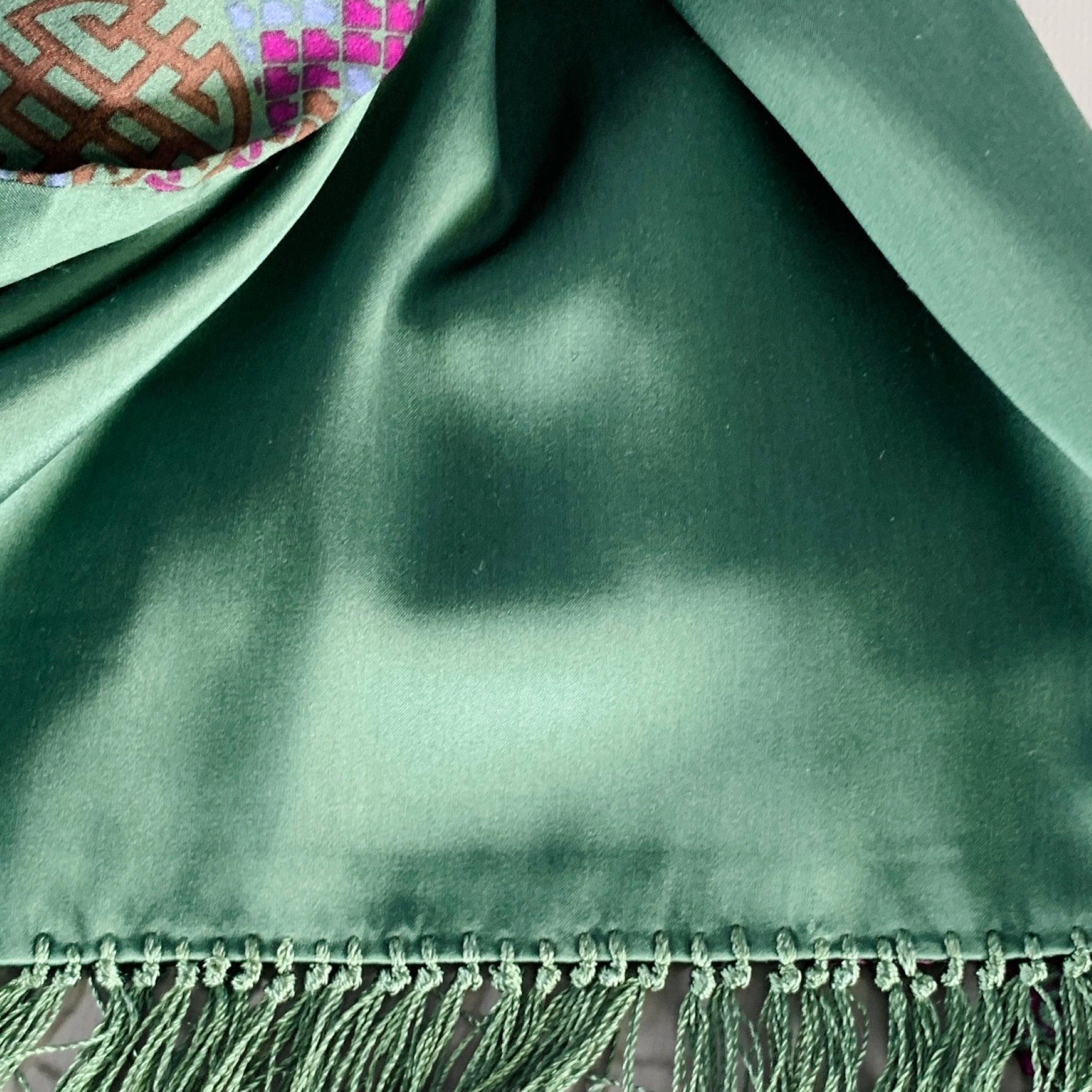 SHANGHAI TANG Green Purple Chinoiserie Silk Scarves In Good Condition For Sale In San Francisco, CA