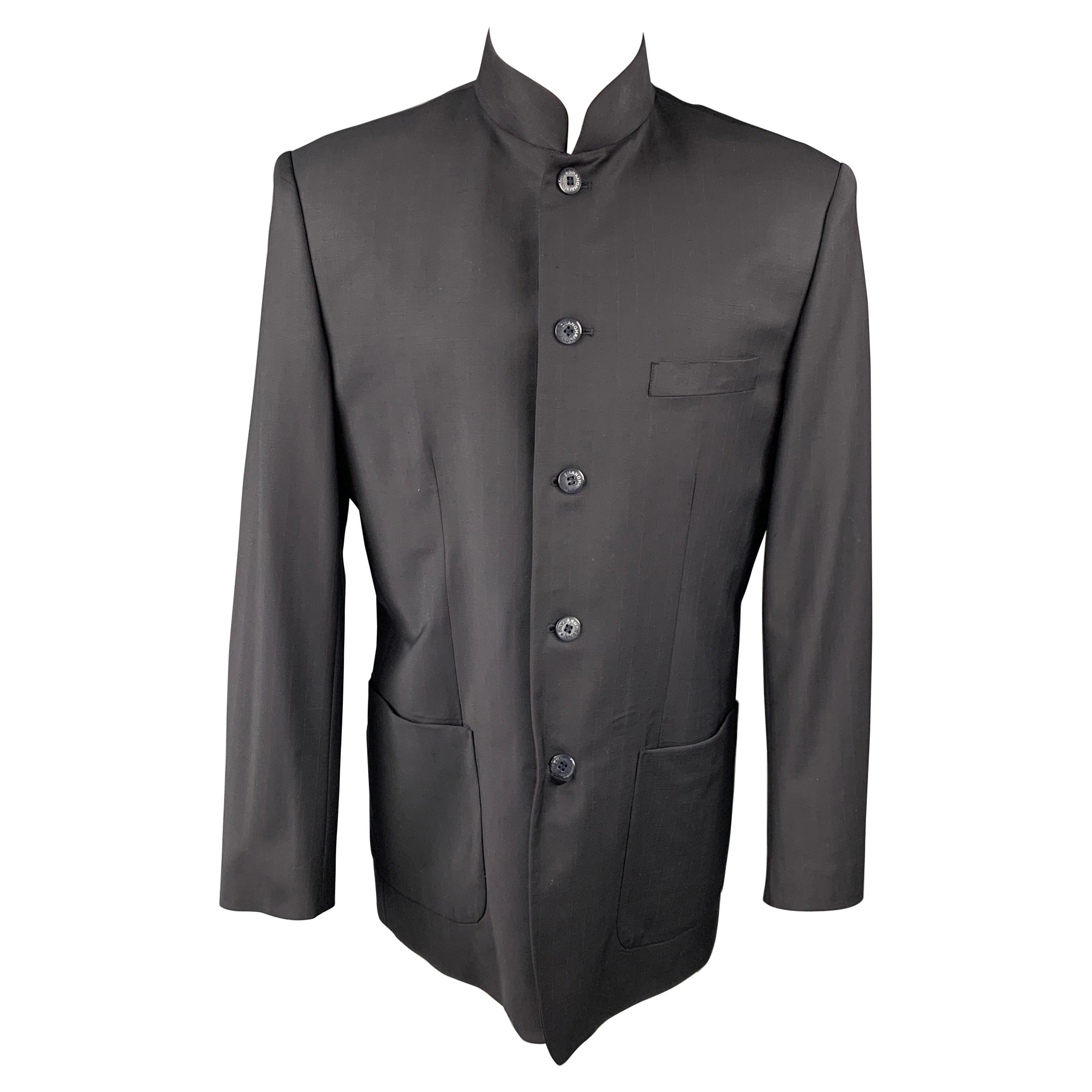 SHANGHAI TANG Long Black & Red Pinstripe Wool Blend Nehru Collar Sport Coat