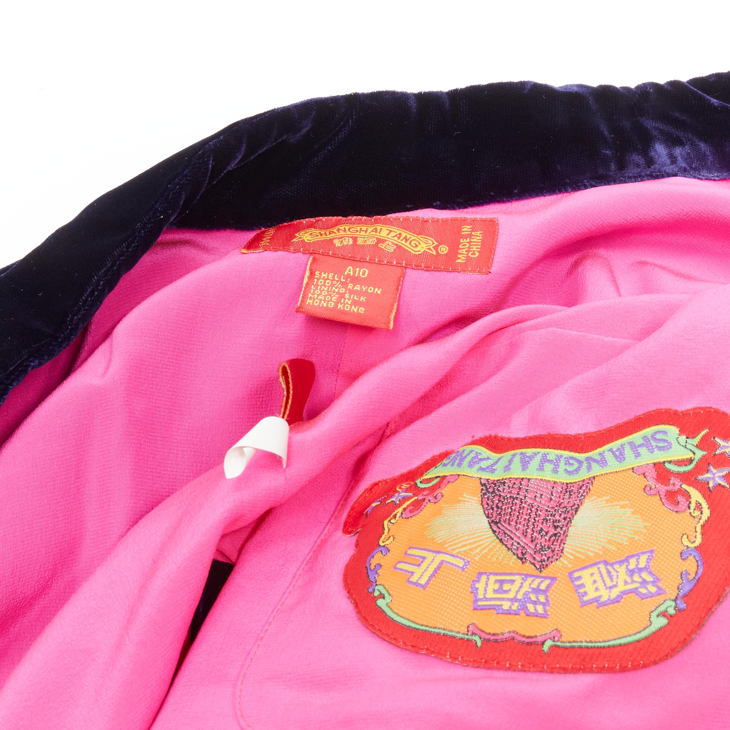 SHANGHAI TANG navy velvet pink lining Chinese Qipao jacket  UK10 M 5