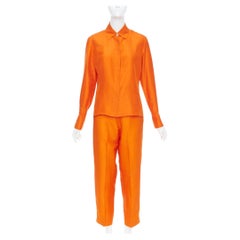 SHANGHAI TANG orange raw silk hidden placket long sleeve shirt trousers set XS