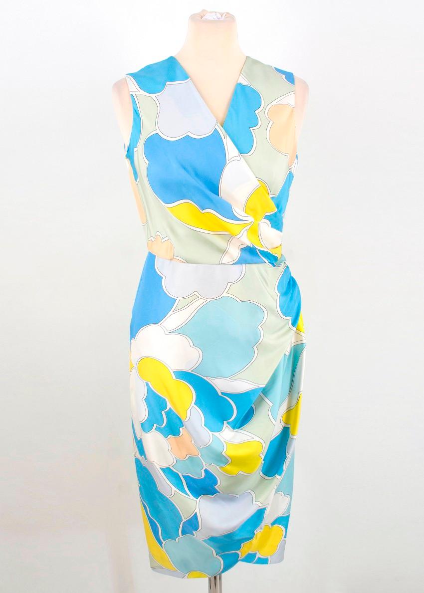 Shanghai Tang Peony Pop Silk Dress

- Main colours are blue and yellow
- Peony pop, abstract floral print
- Wrap over top
- Ruched side
- Midi length
- Concealed zip at the back

Condition: 9.5/10

Approx
Measurements are taken laying flat, seam to