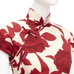 SHANGHAI TANG red beige rose floral print silk lined qipao dress UK6 XS