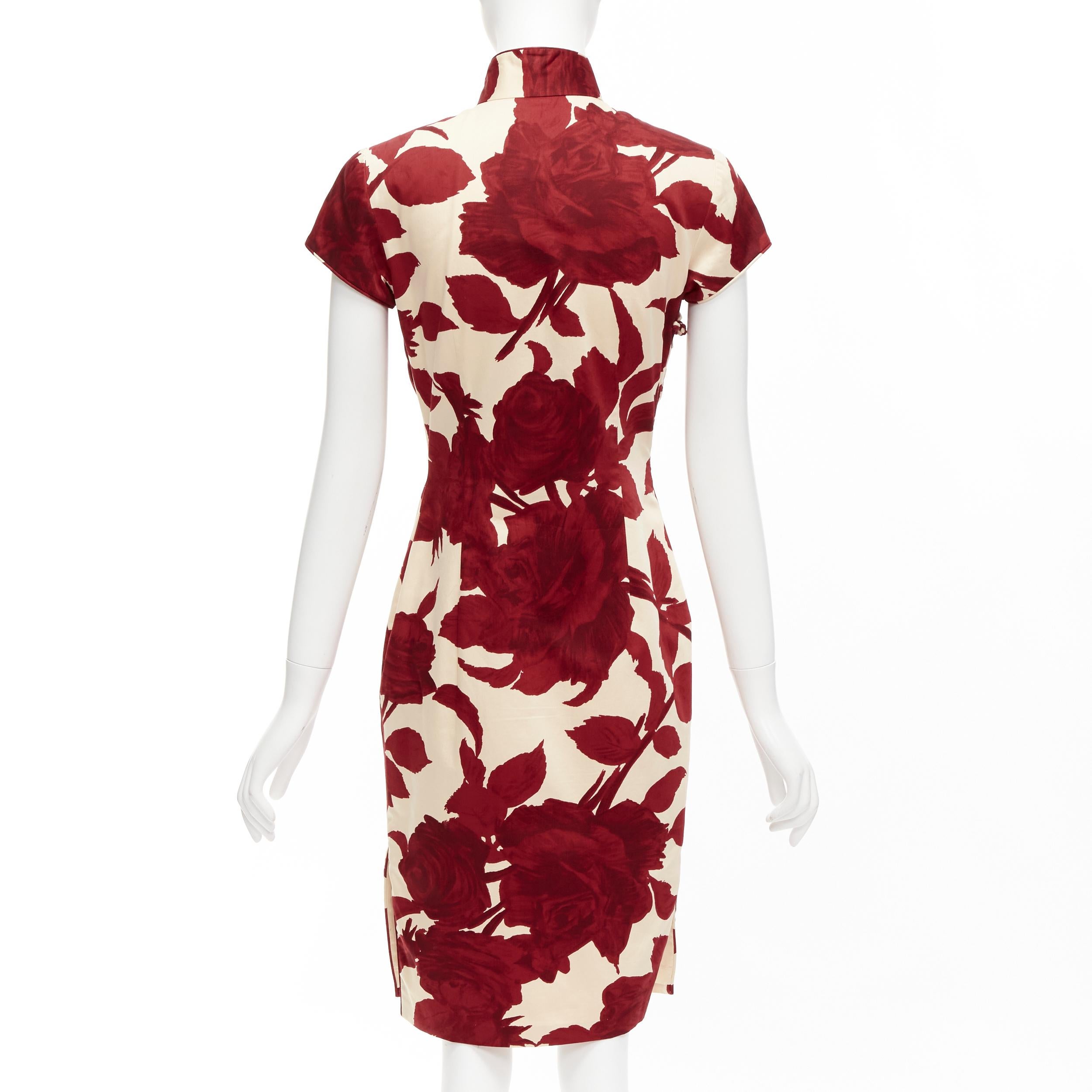 SHANGHAI TANG red beige rose floral print silk lined qipao dress UK6 XS 1