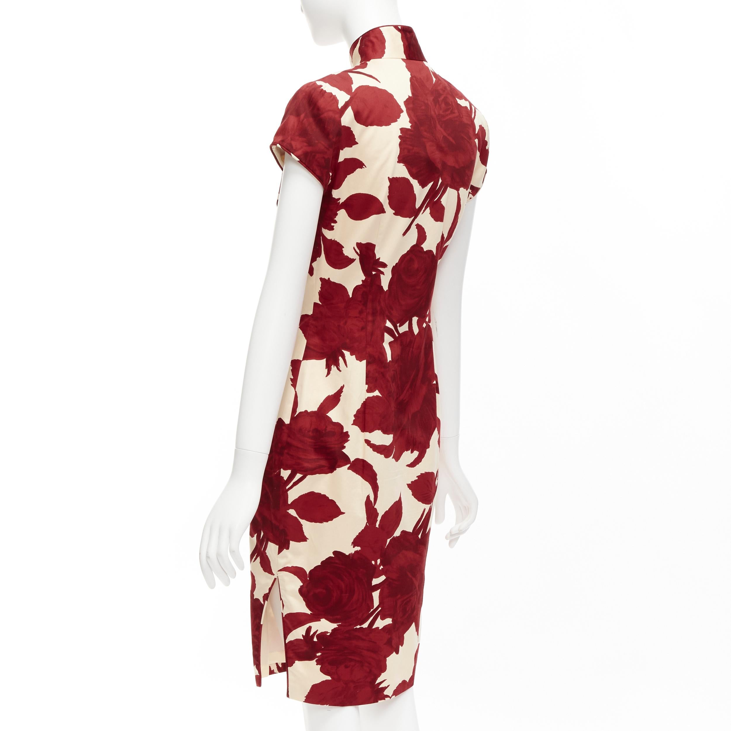 SHANGHAI TANG red beige rose floral print silk lined qipao dress UK6 XS 2