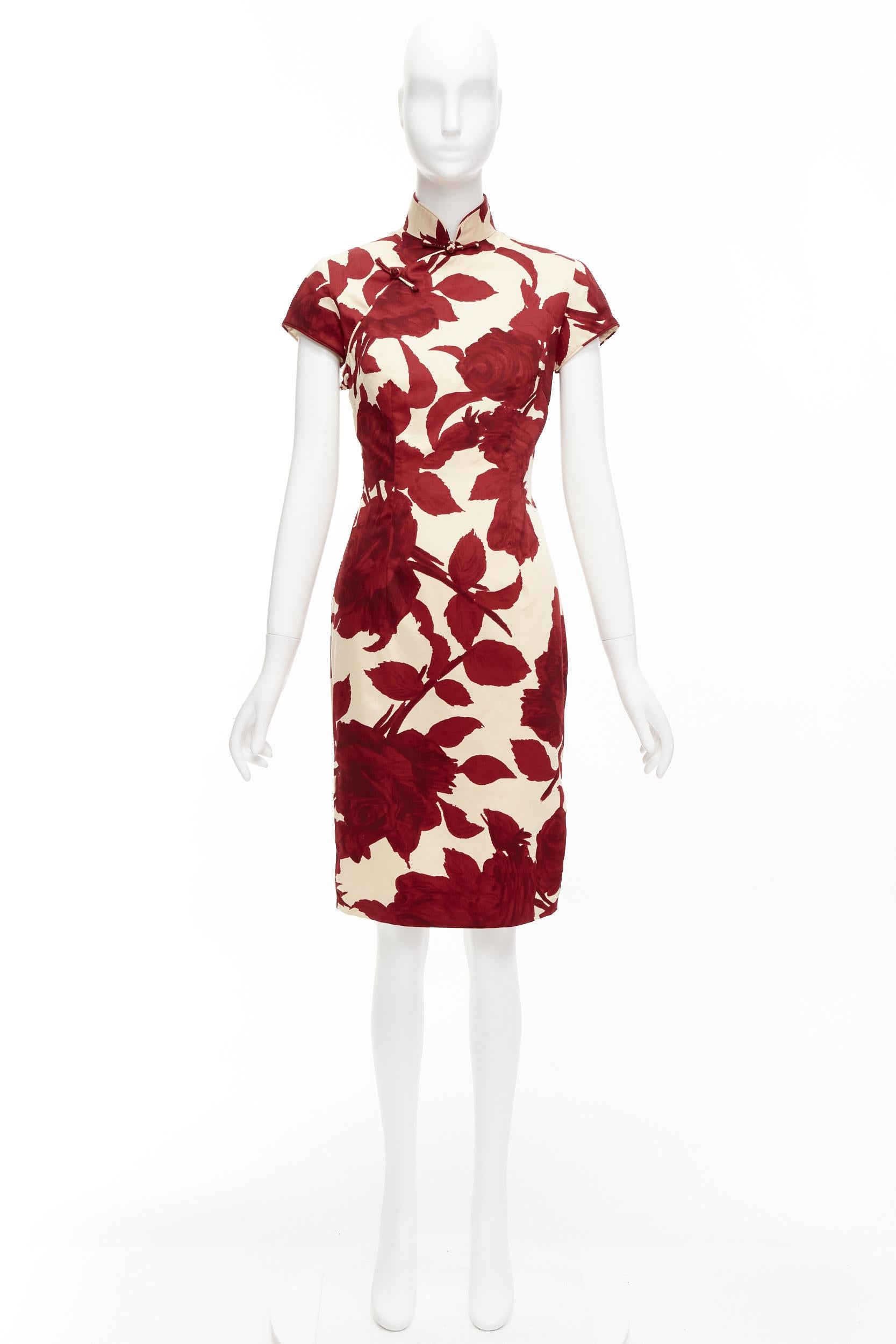 SHANGHAI TANG red beige rose floral print silk lined qipao dress UK6 XS 5