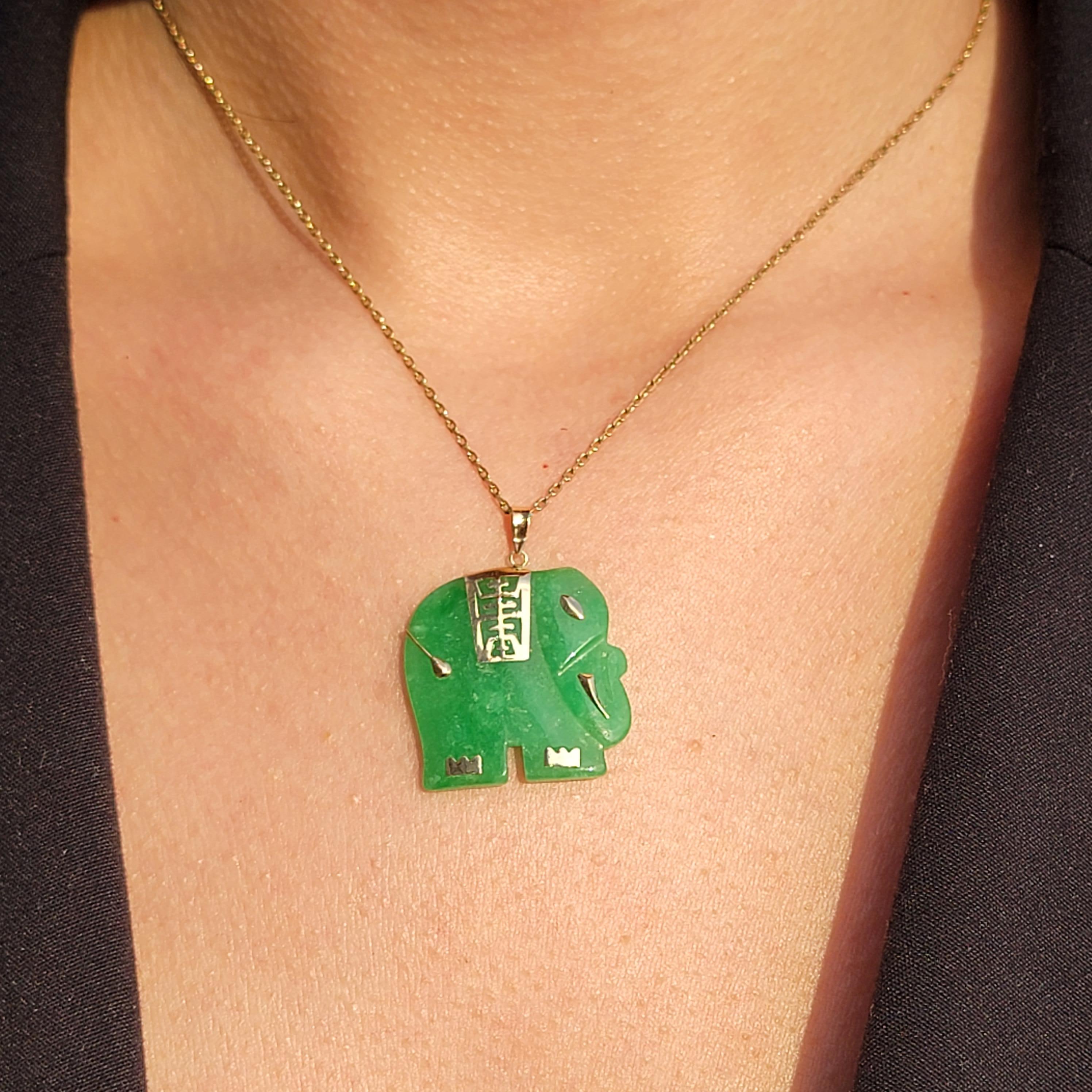 Cabochon Shanghainese Green Jade Elephant Pendant with 14K Yellow Gold For Sale