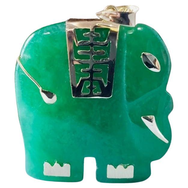 Shanghainese Green Jade Elephant Pendant with 14K Yellow Gold For Sale