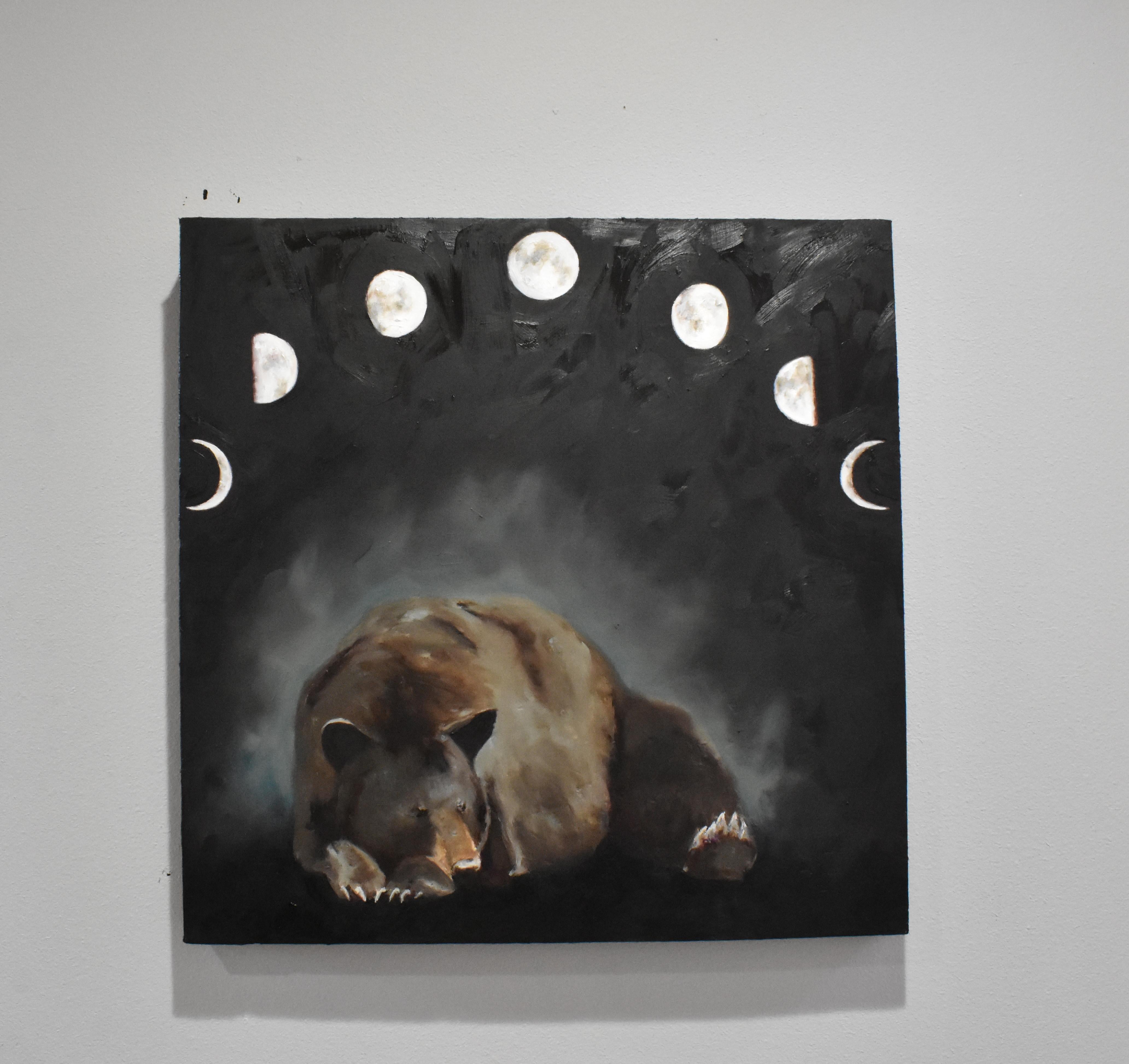 “Nothing Really Bothers Her”
24” x 24” oil on wood panel
This is a dark chromatic black.  It reads black, but it’s not a flat BLACK.  It’s mixed with Burnt Umber and Ultramarine Blue.
The area right behind the bear is blue. 

Whimsical painting of a