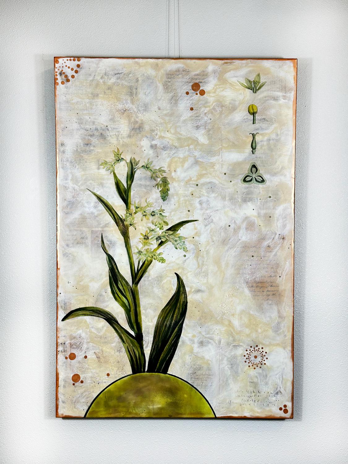 <p>Commenti dell'artista<br />Un alto stelo verde con foglie rigogliose e fiori delicati si staglia su uno sfondo dalla texture morbida. Intricati diagrammi botanici e note scarabocchiate aggiungono al pezzo una sensibilità sia scientifica che