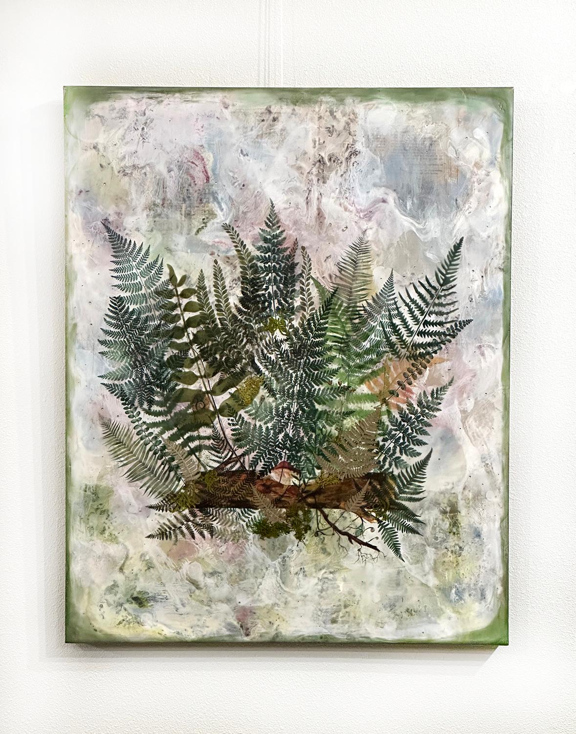 <p>Artist Comments<br>A delicate tangle of fern fronds and forest ephemera rests gently atop a richly layered encaustic background, evoking the quiet mystery of a shaded woodland floor. The artwork invites the viewer into a moment of stillness and