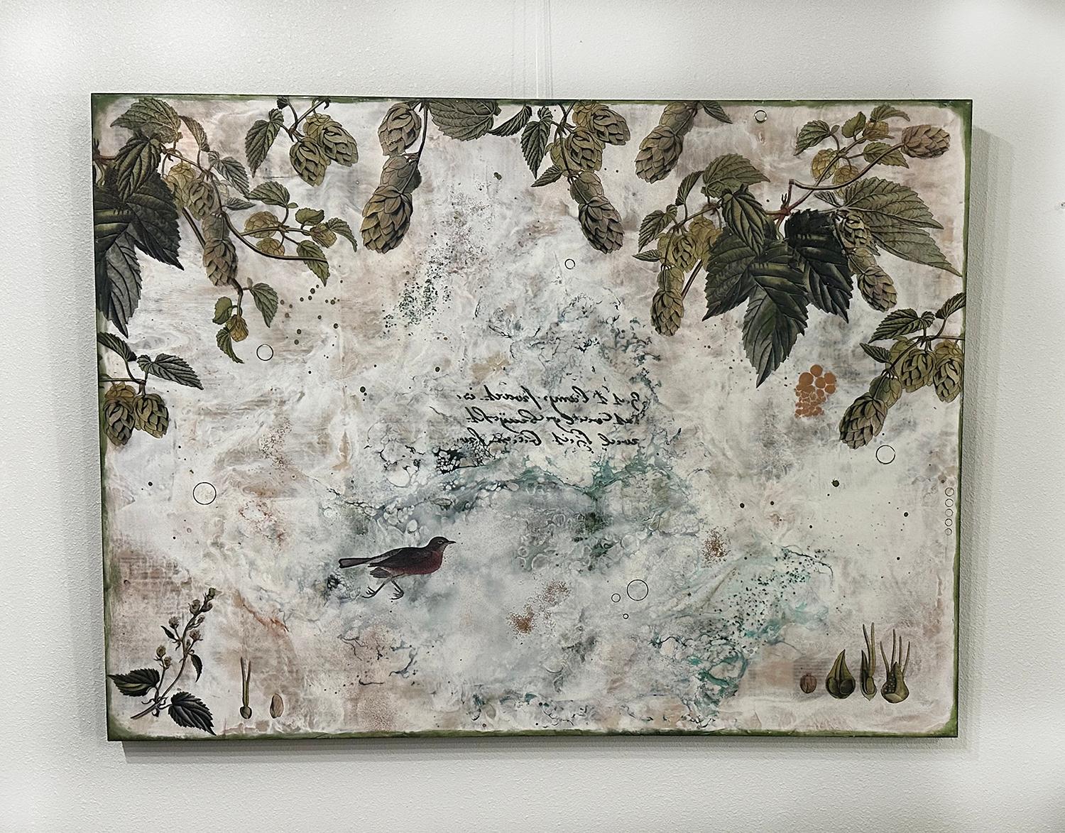 <p>Artist Comments<br>Lush, cascading hop vines drape from the top of this dreamy, layered composition, evoking the abundance of late summer and the quiet alchemy of growth. Hops merges botanical illustration with delicate natural elements, textured