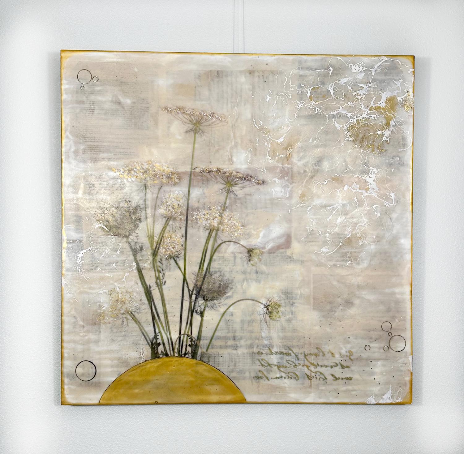 <p>Artist Comments<br />Delicate wildflowers rise from a golden crescent. Artist Shannon Amidon incorporated crushed mother of pearl and gold leaf into the piece, adding soft shimmer and rich texture to the wax layers. The ethereal background