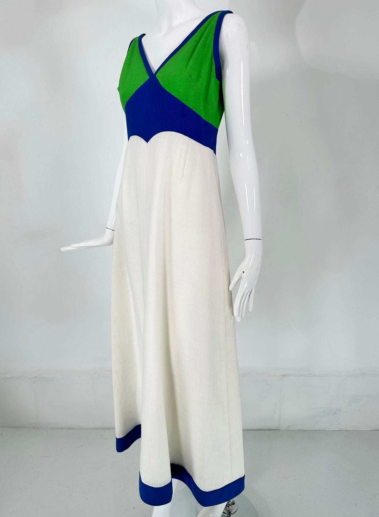 Shannon Rodgers for Jerry Silverman colour block linen maxi dress in bright green, marine blue & white. Classic 70s summer dress, sleeveless with a V neckline and an empire waist in marine blue. The long skirt is A line falling full at the hem which