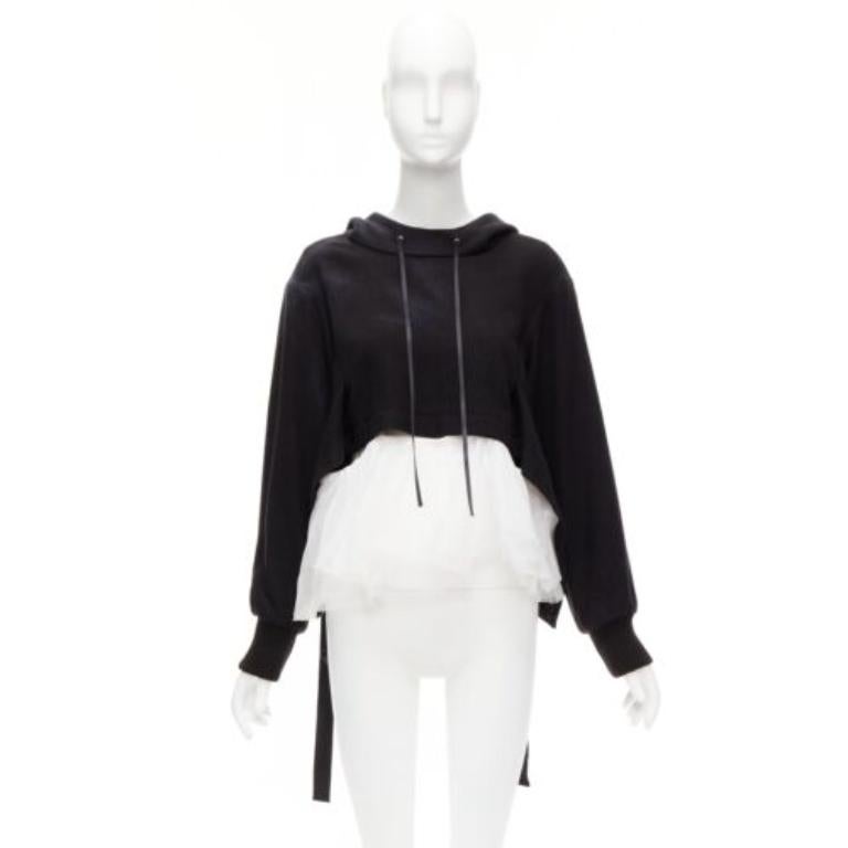 SHANSHAN RUAN nero nero yak bianco seta staccabile tulle strato felpa con cappuccio FR36 XS in vendita 4
