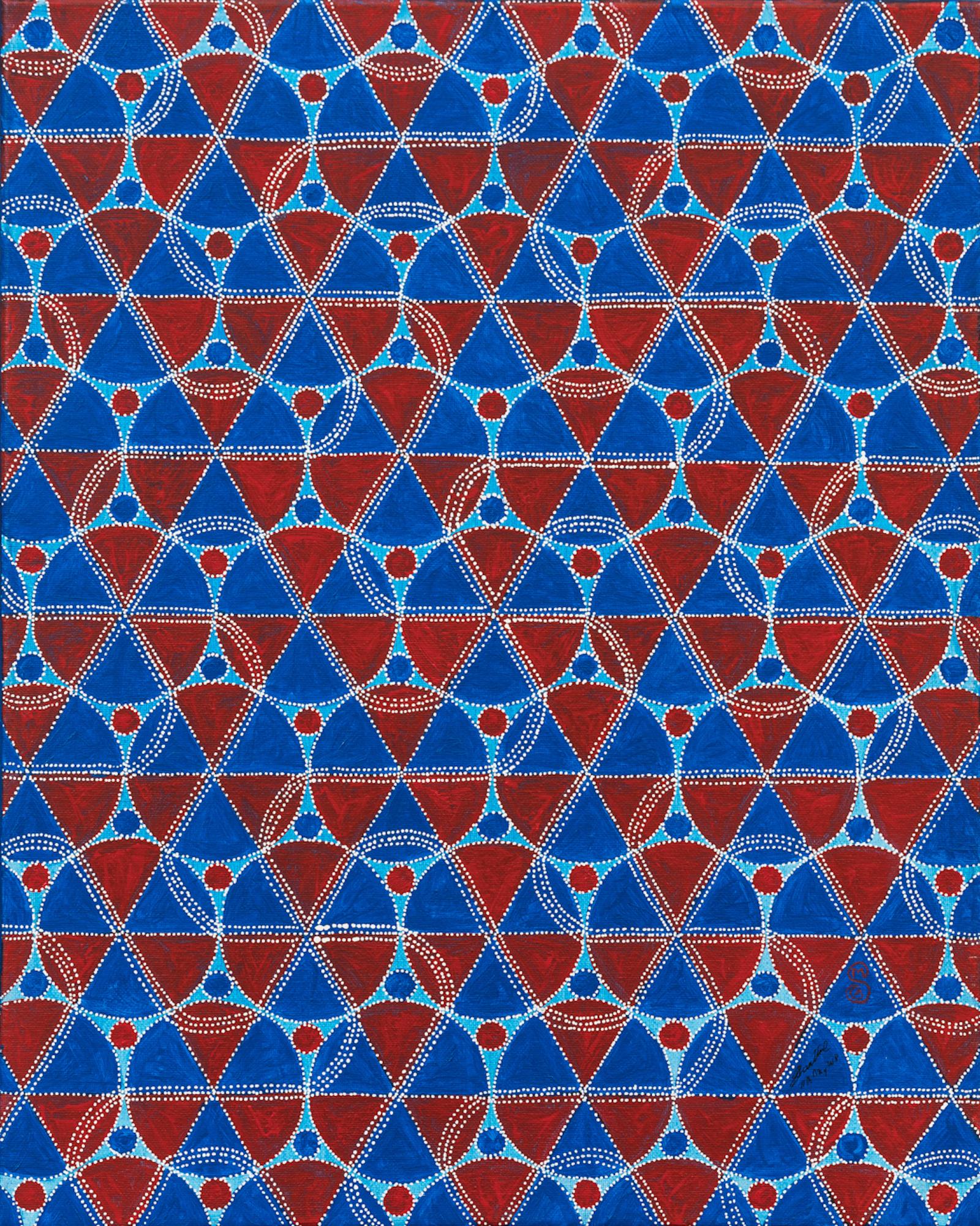 Shanthi Chandrasekar Abstract Painting - Kolam Red & Blue