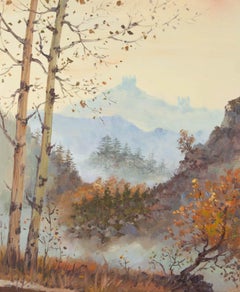 Shanwen Mou Landschaft, Original, Ölgemälde auf Leinwand, „Morning In The Mountains“