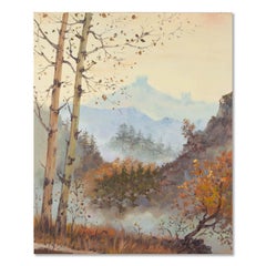 Huile sur toile originale Shanwen Mou Landscape « Morning In The Mountains » (Morning In The Mountains)