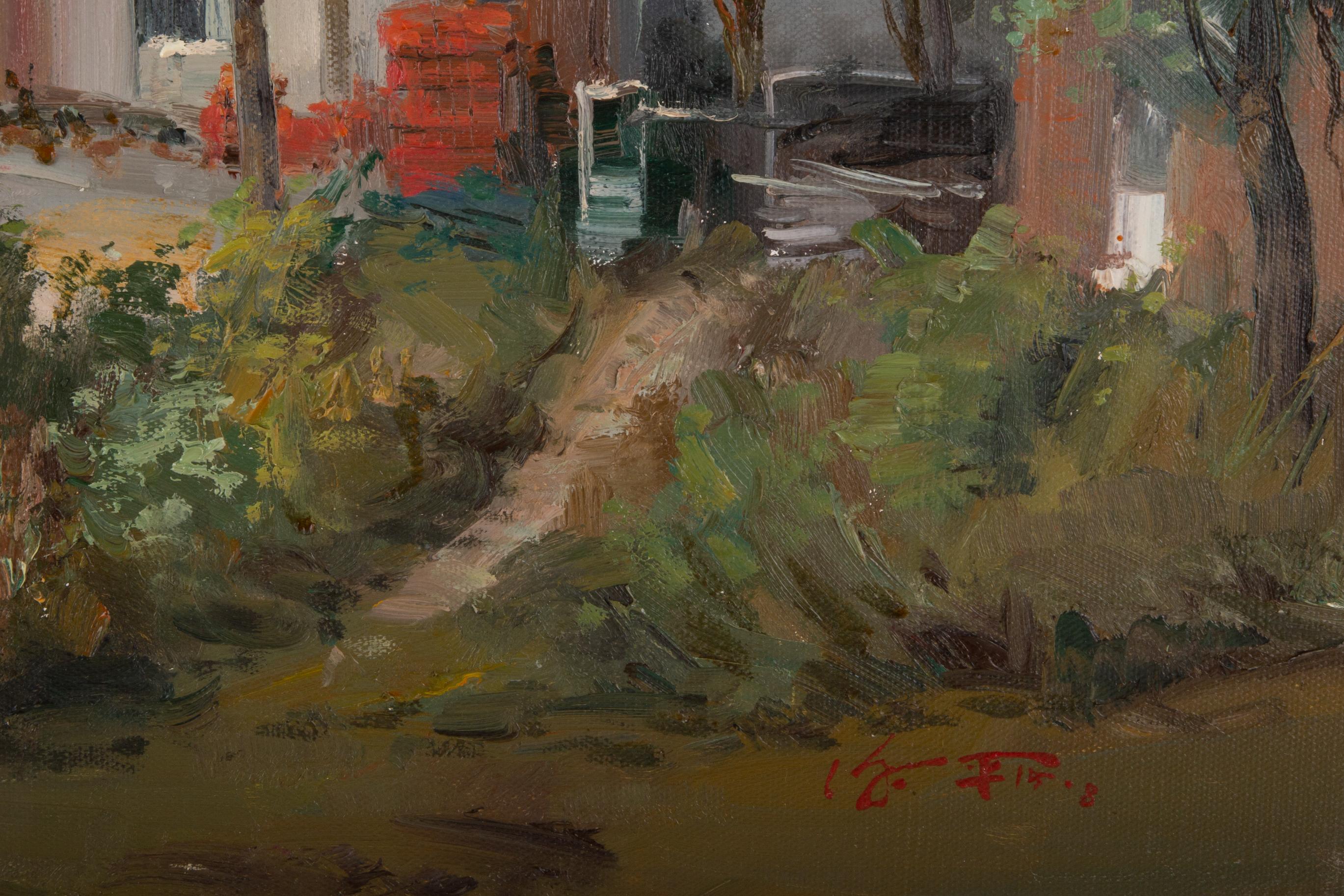 Peinture à l'huile originale ShanWen Mou Landscape « Red Roof » en vente 1