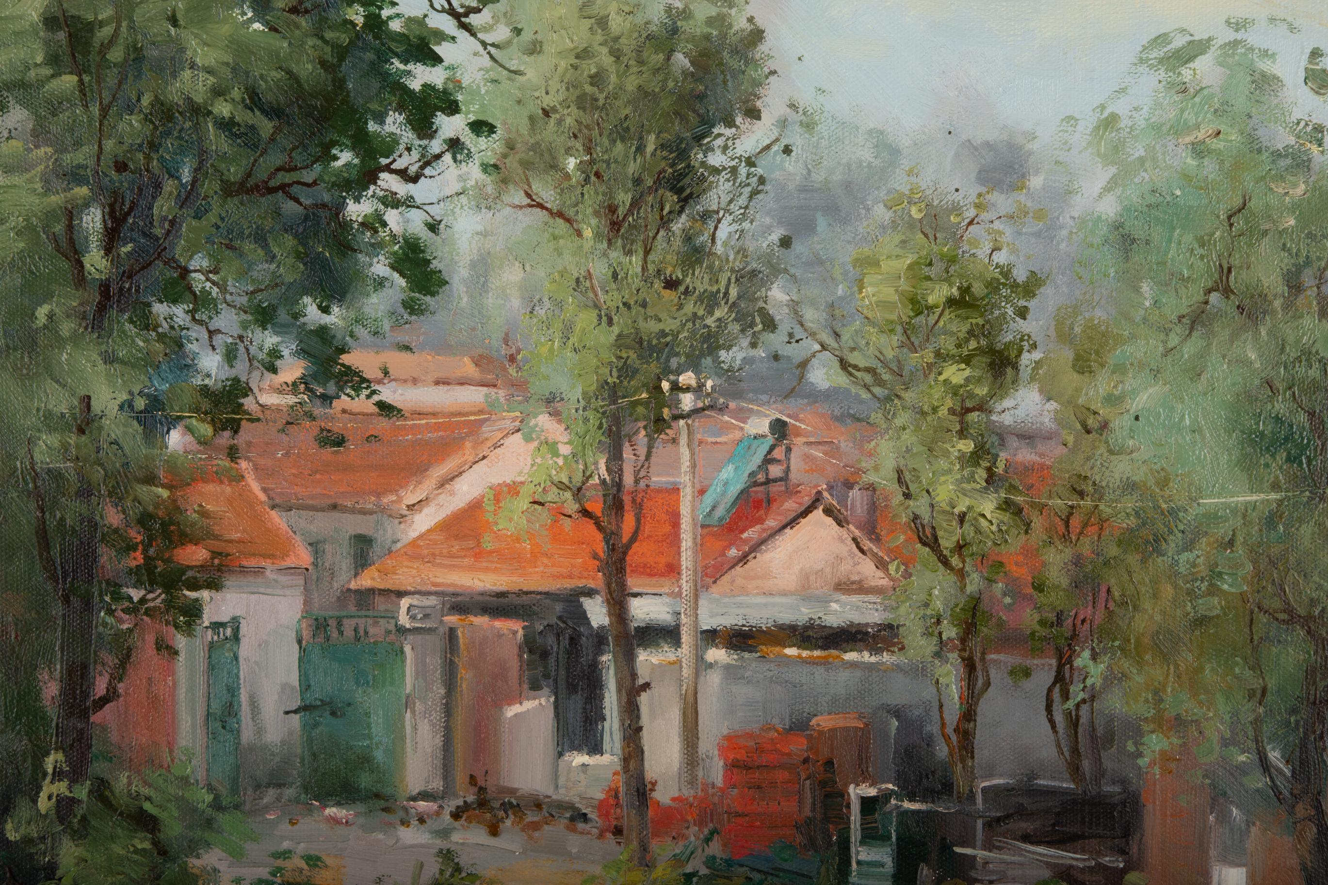 Peinture à l'huile originale ShanWen Mou Landscape « Red Roof » en vente 2