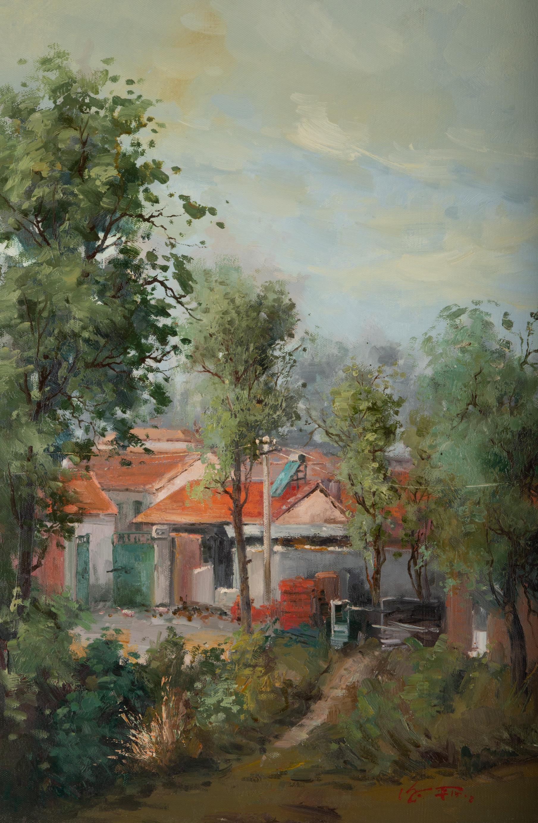 Landscape Painting Shanwen Mou - Peinture à l'huile originale ShanWen Mou Landscape « Red Roof »