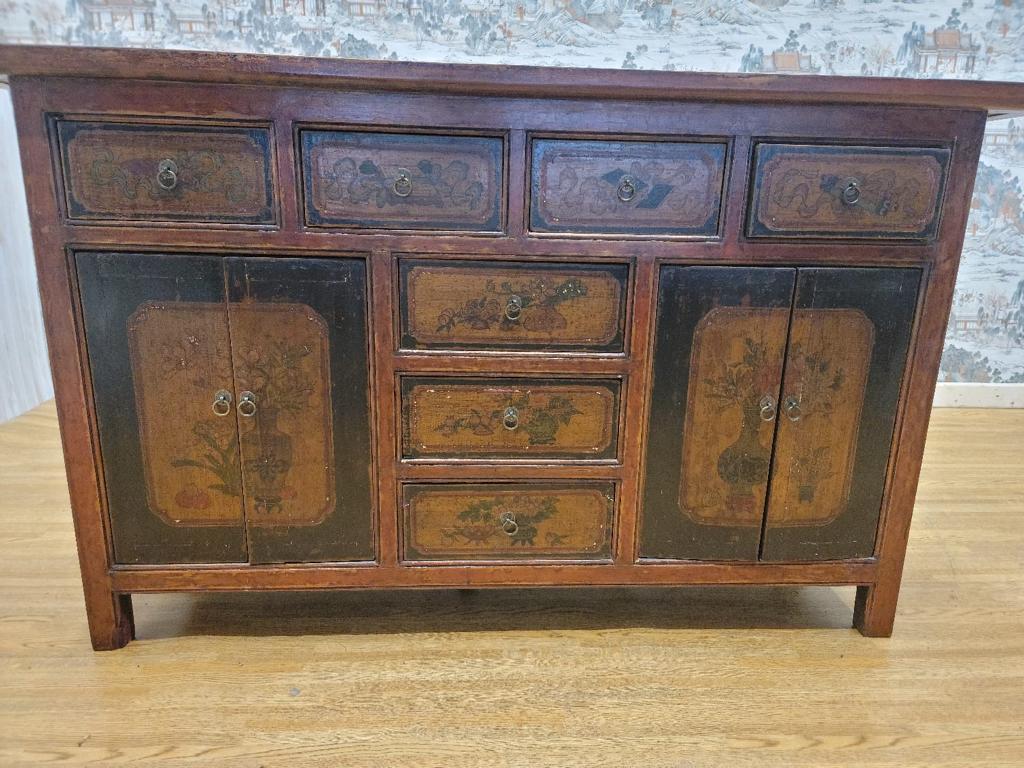Antique Shanxi Province Red Lacquered & Elmwood Hand Painted Design Sideboard For Sale 1