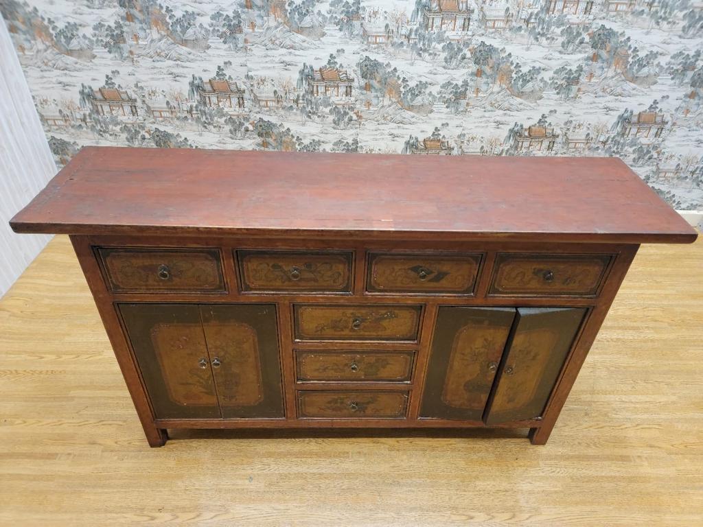 Antique Shanxi Province Red Lacquered & Elmwood Hand Painted Design Sideboard For Sale 6