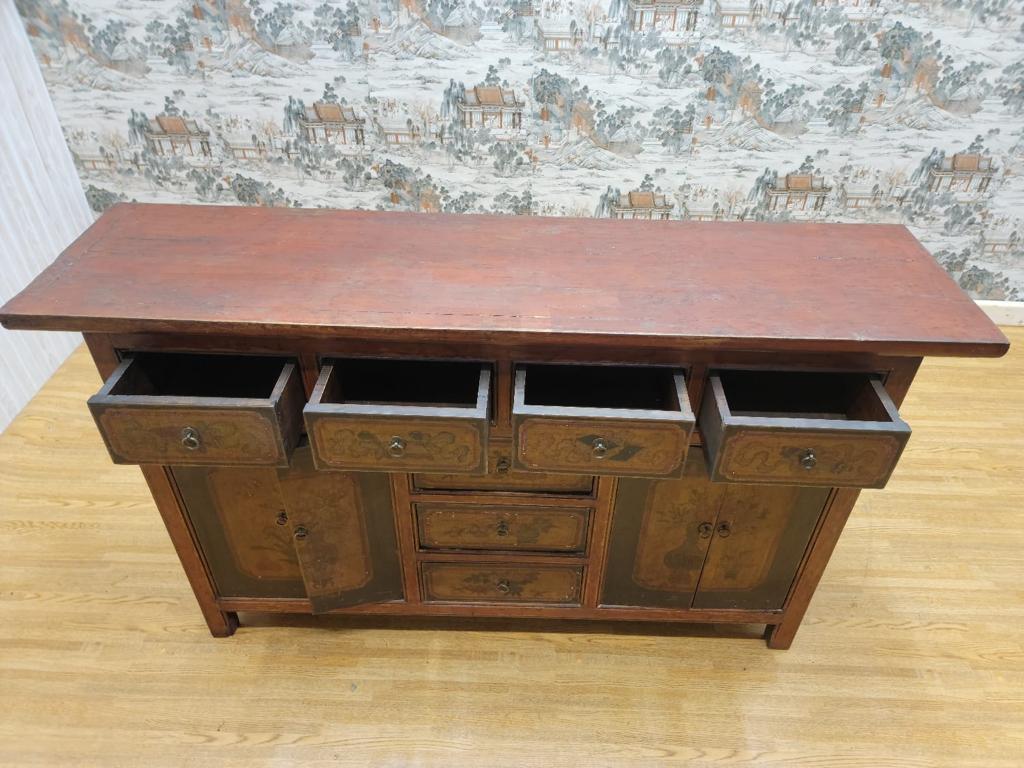 Rustic Antique Shanxi Province Red Lacquered & Elmwood Hand Painted Design Sideboard For Sale