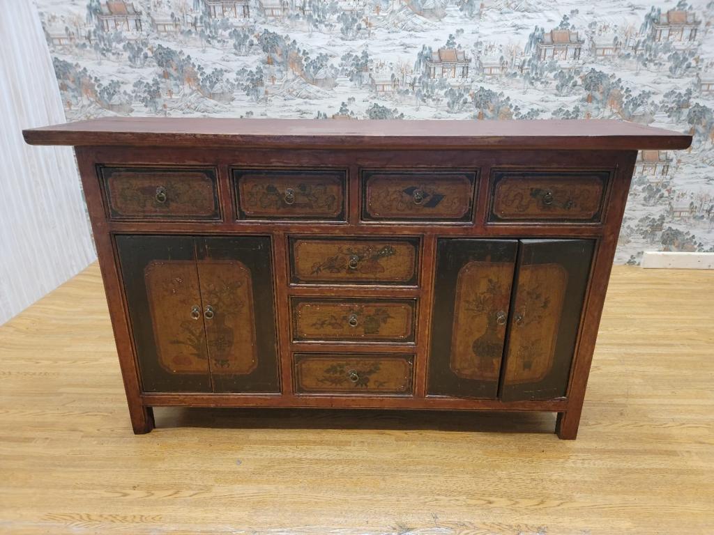 Hand-Crafted Antique Shanxi Province Red Lacquered & Elmwood Hand Painted Design Sideboard For Sale