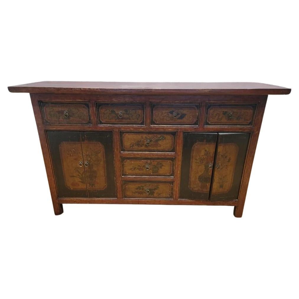 Antique Shanxi Province Red Lacquered & Elmwood Hand Painted Design Sideboard For Sale