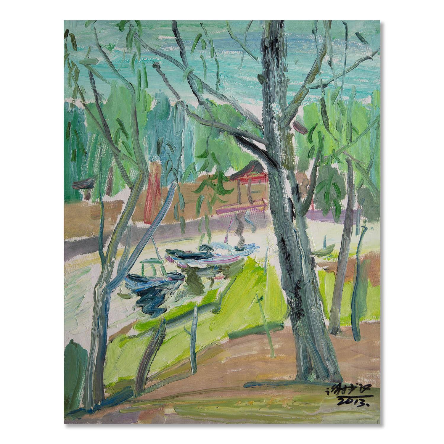  Title: Willow In Early Spring
 Medium: Oil on canvas
 Size: 19.5 x 15.5 inches
 Frame: Framing options available!
 Condition: The painting appears to be in excellent condition.
 
 Year: 2013
 Artist: Shaofei Xie
 Signature: Signed
 Signature