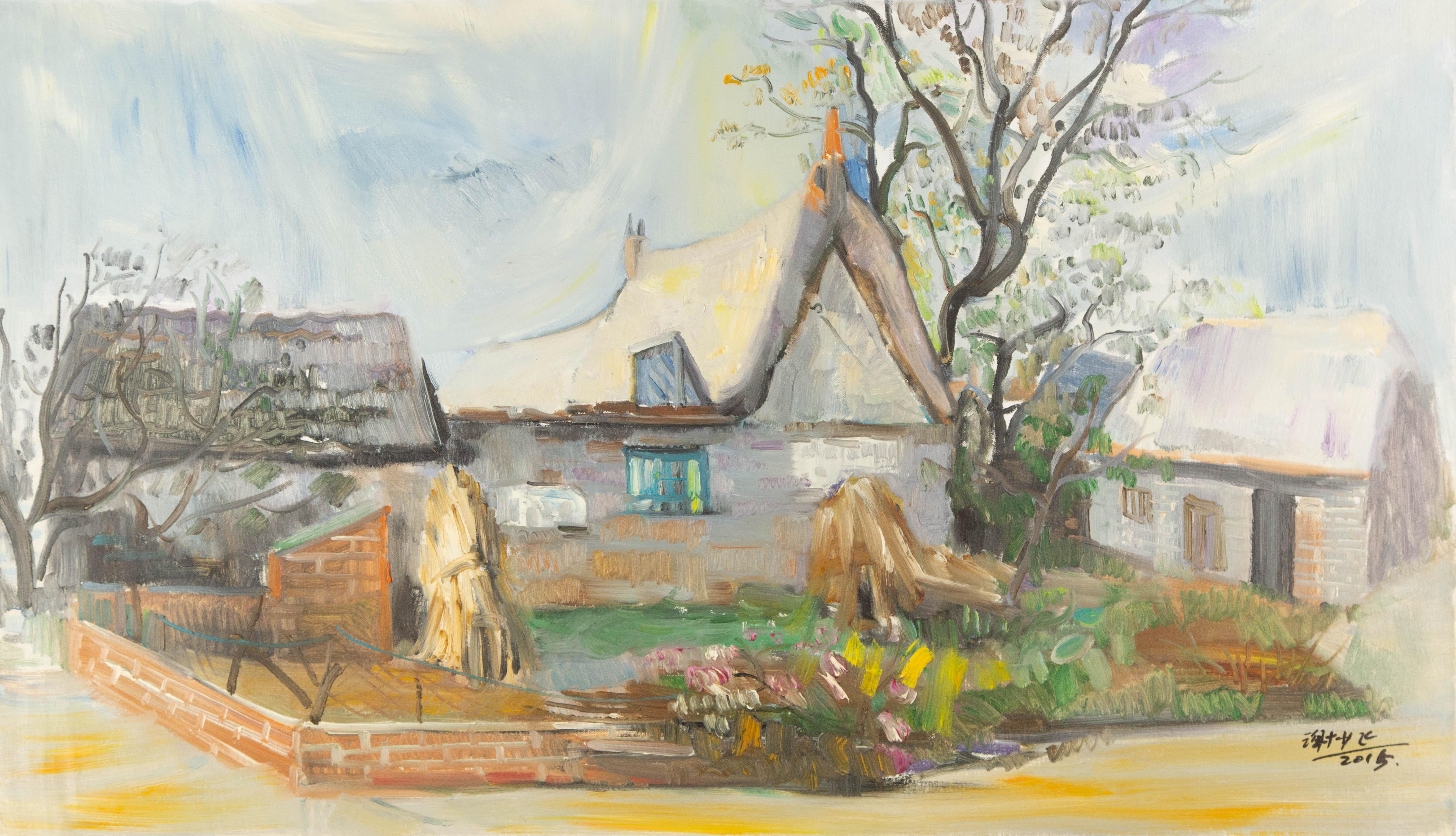 Shaofei Xie Landscape Original Oil On Canvas "Weihai Dwellings" (Habitations de Weihai)
