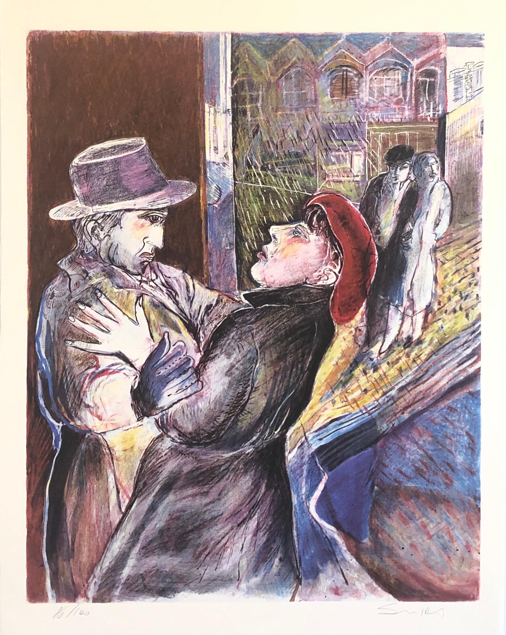 Grand film israélien moderniste Noir Figures, lithographie néo-expressionniste des années 1980 