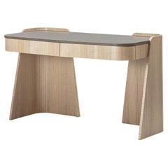 Bureau à 2 tiroirs en cuir et eucalyptus