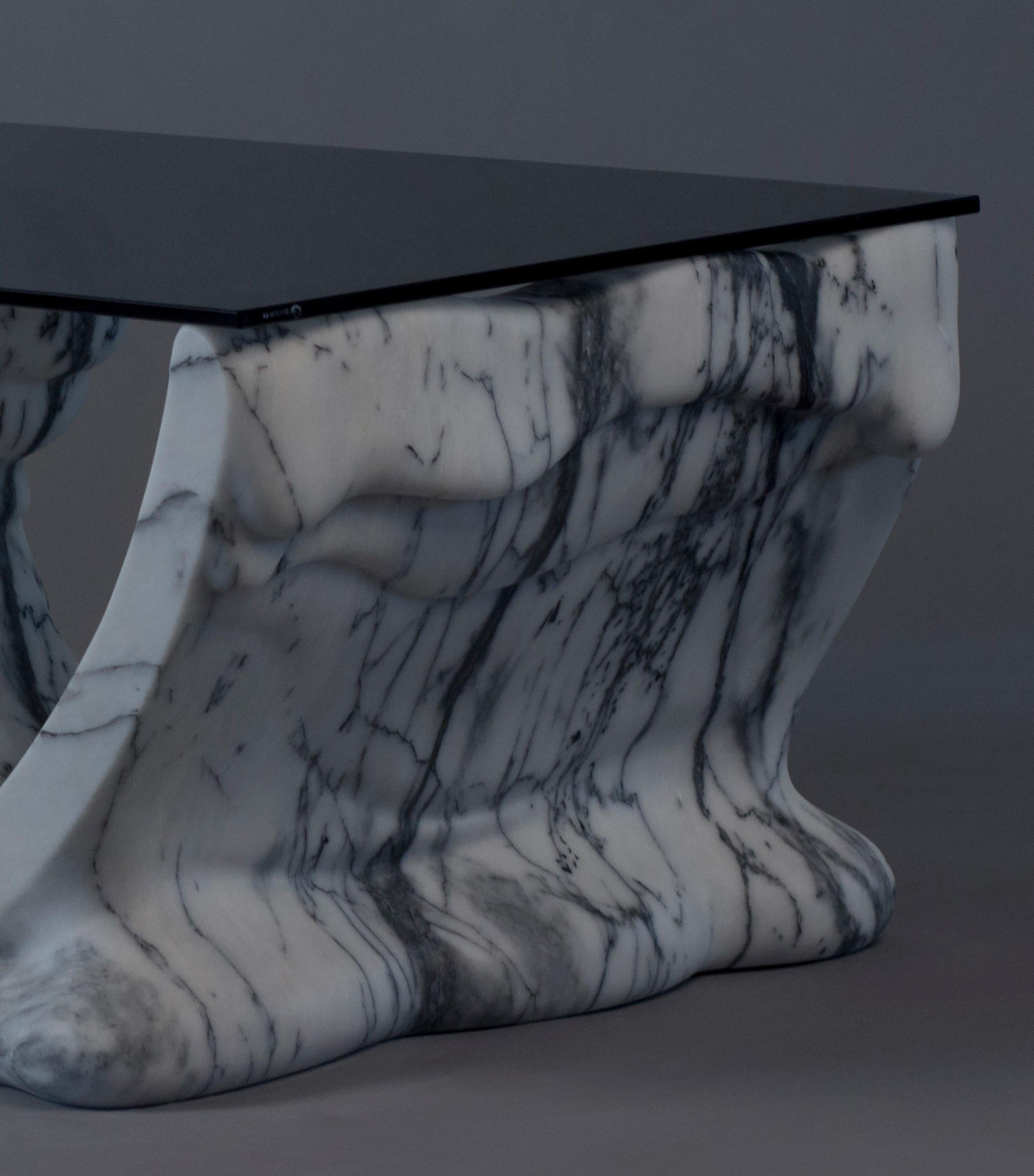 Portuguese Shape Coffee Table in Marble & Tempered Glass by MANTA Handmade Stone Design For Sale