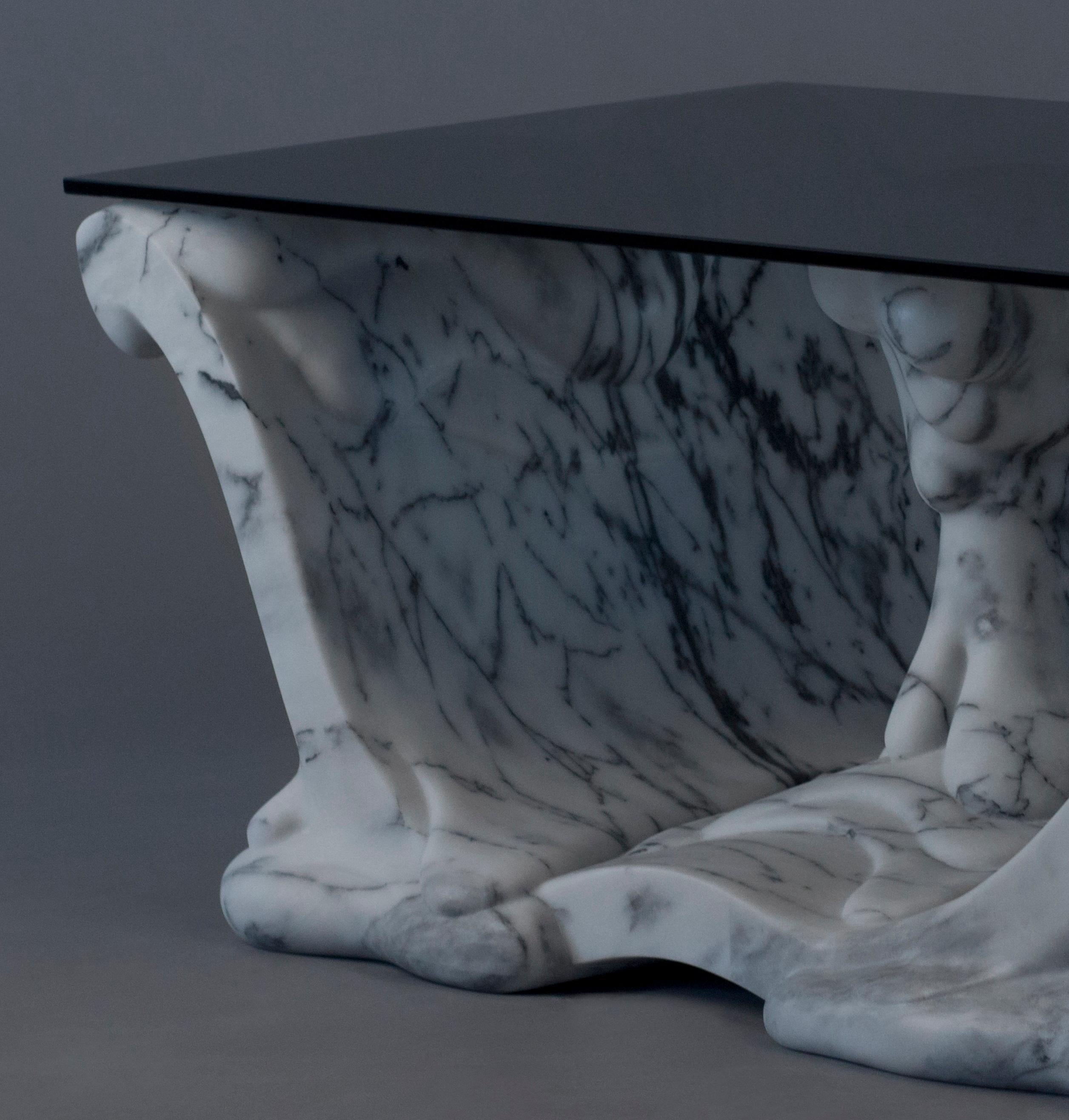 Hand-Crafted Shape Coffee Table in Marble & Tempered Glass by MANTA Handmade Stone Design For Sale