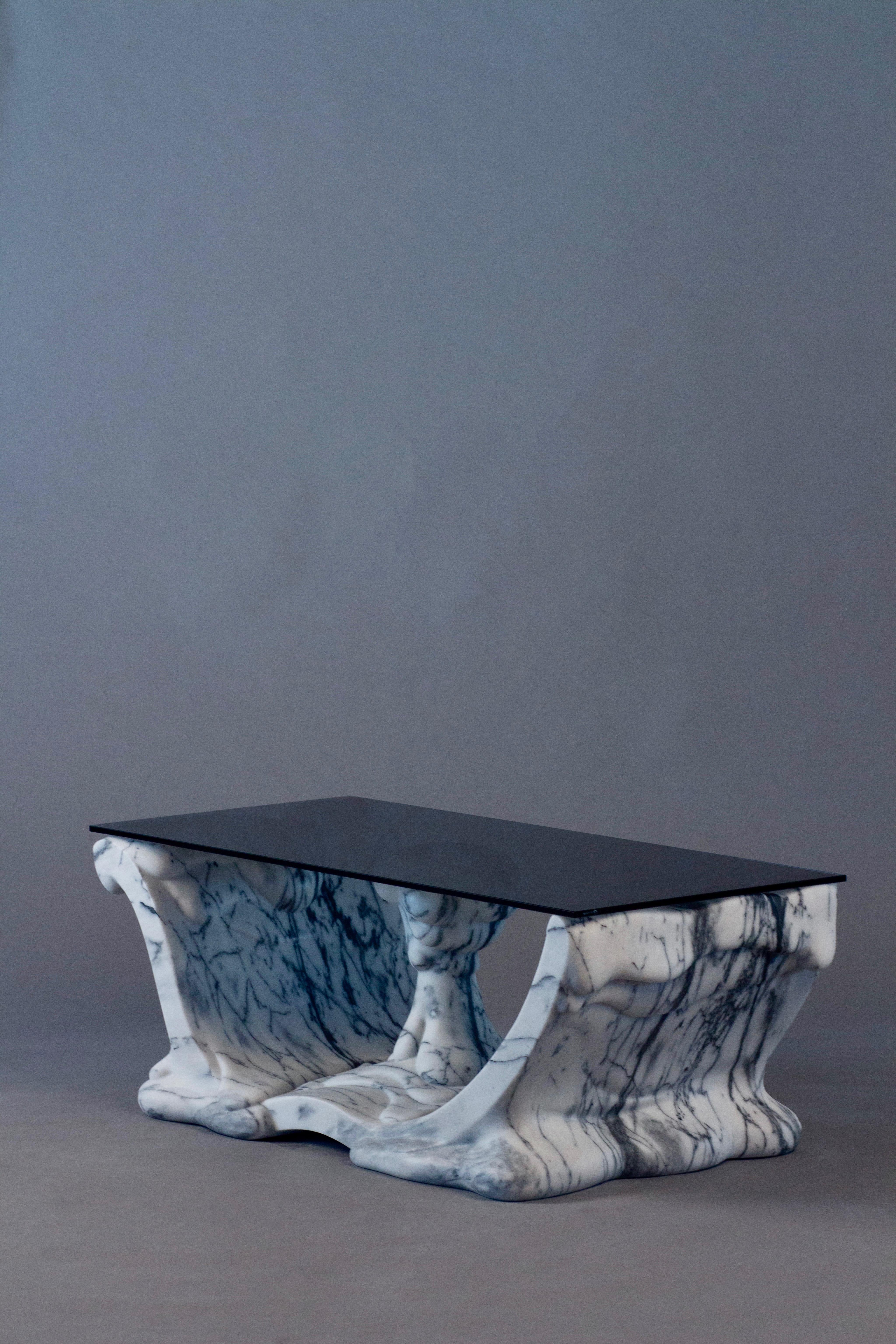 Contemporary Shape Coffee Table in Marble & Tempered Glass by MANTA Handmade Stone Design For Sale