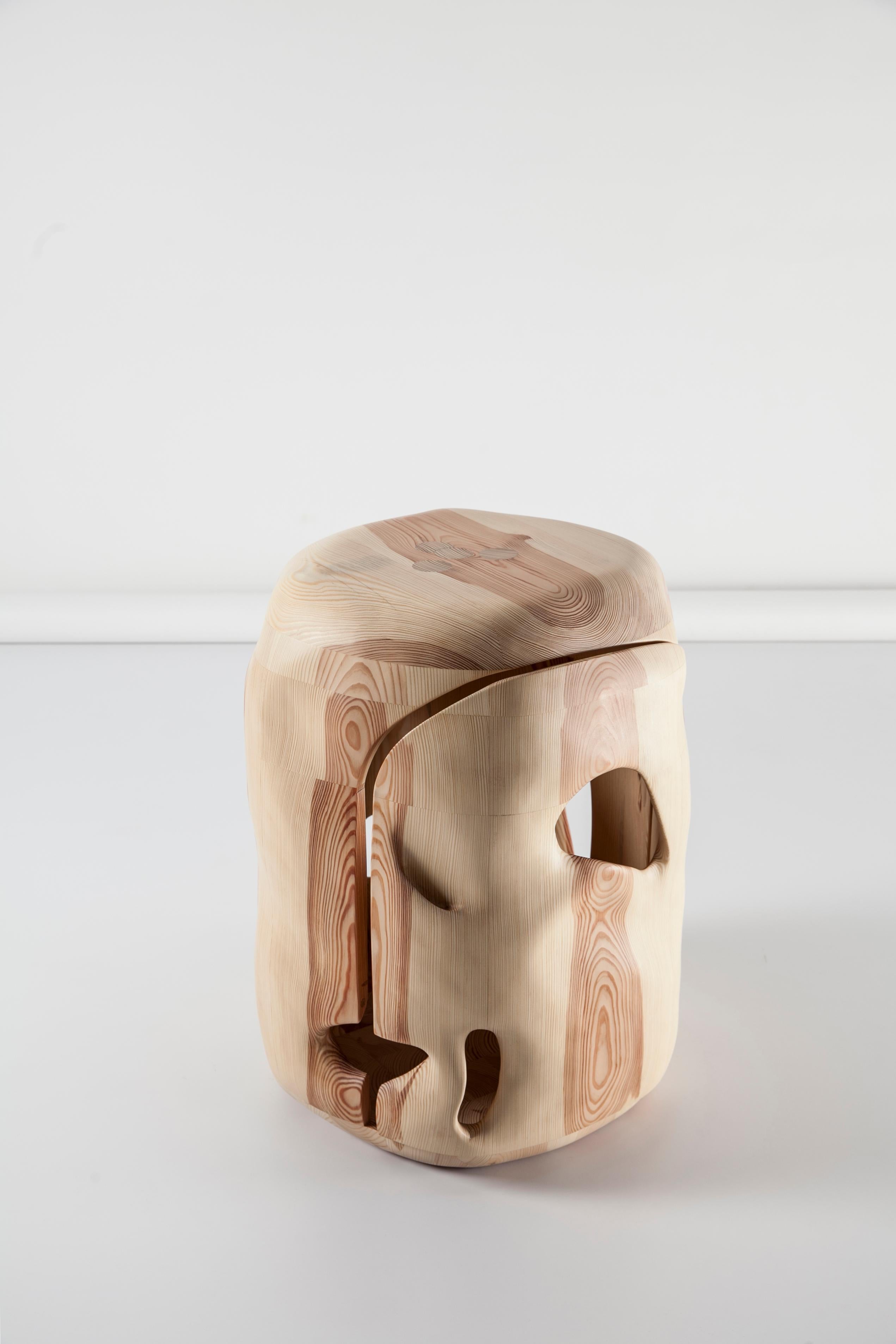Shape N.4 by The Whole Elements
Open edition, each piece is unique 
Dimensions: H 54 x W 40 x D 40 cm
Materials: hand carved, pine wood

Launched by Anna Bera in 2014, The Whole Elements is a design studio and a wood workshop based in Warsaw.
