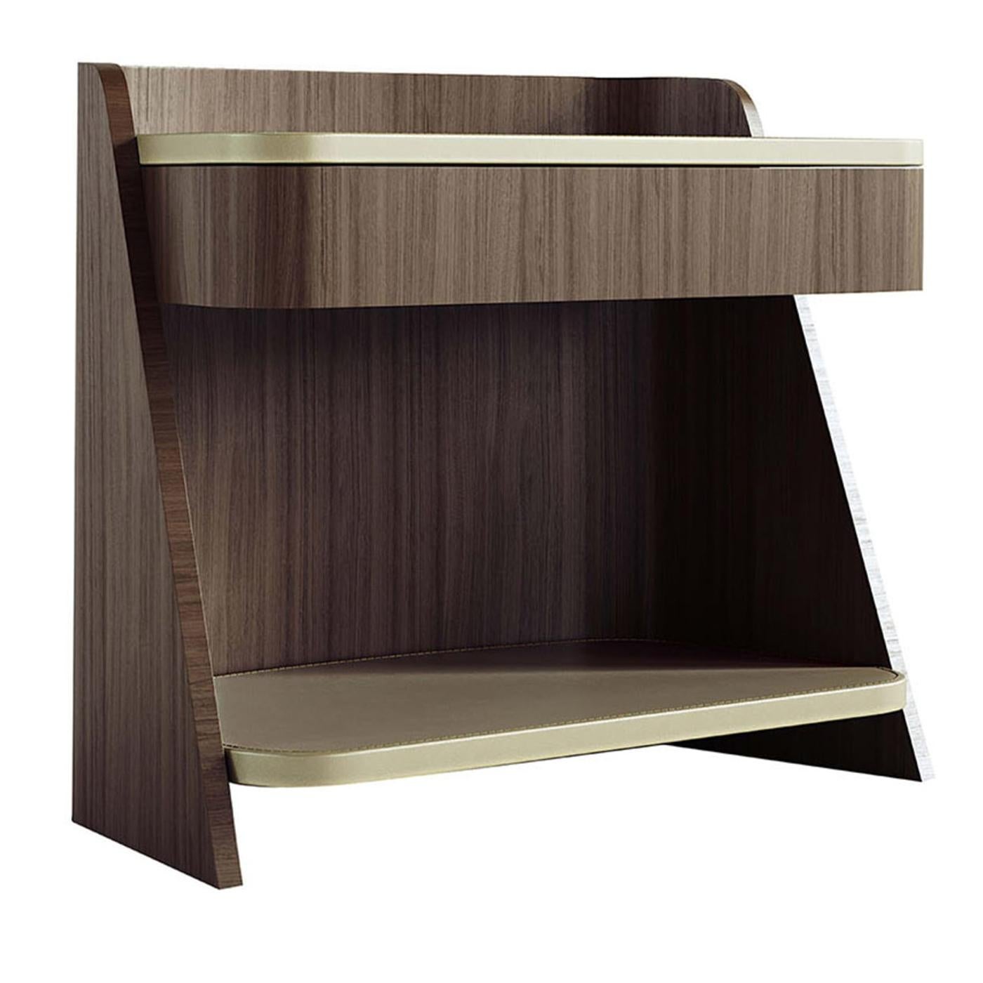 Bedside table in Canaletto walnut with push and pull drawer and slow motion system. Top and shelf in saddle leather available in different colors.
