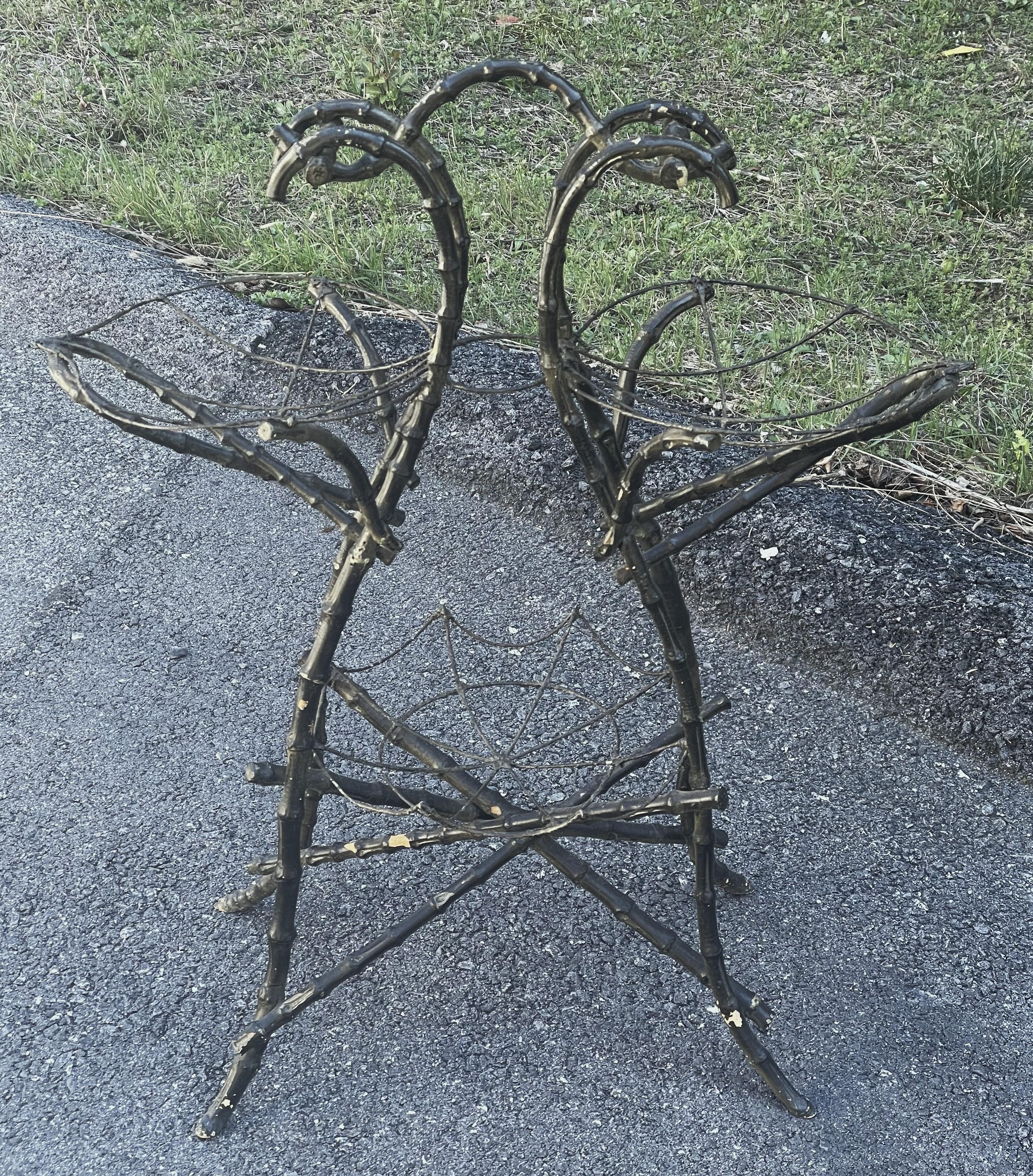Late Victorian Shaped Bamboo Tiered Plant Stand w/ Wire Spider Web Holders Painted Black For Sale