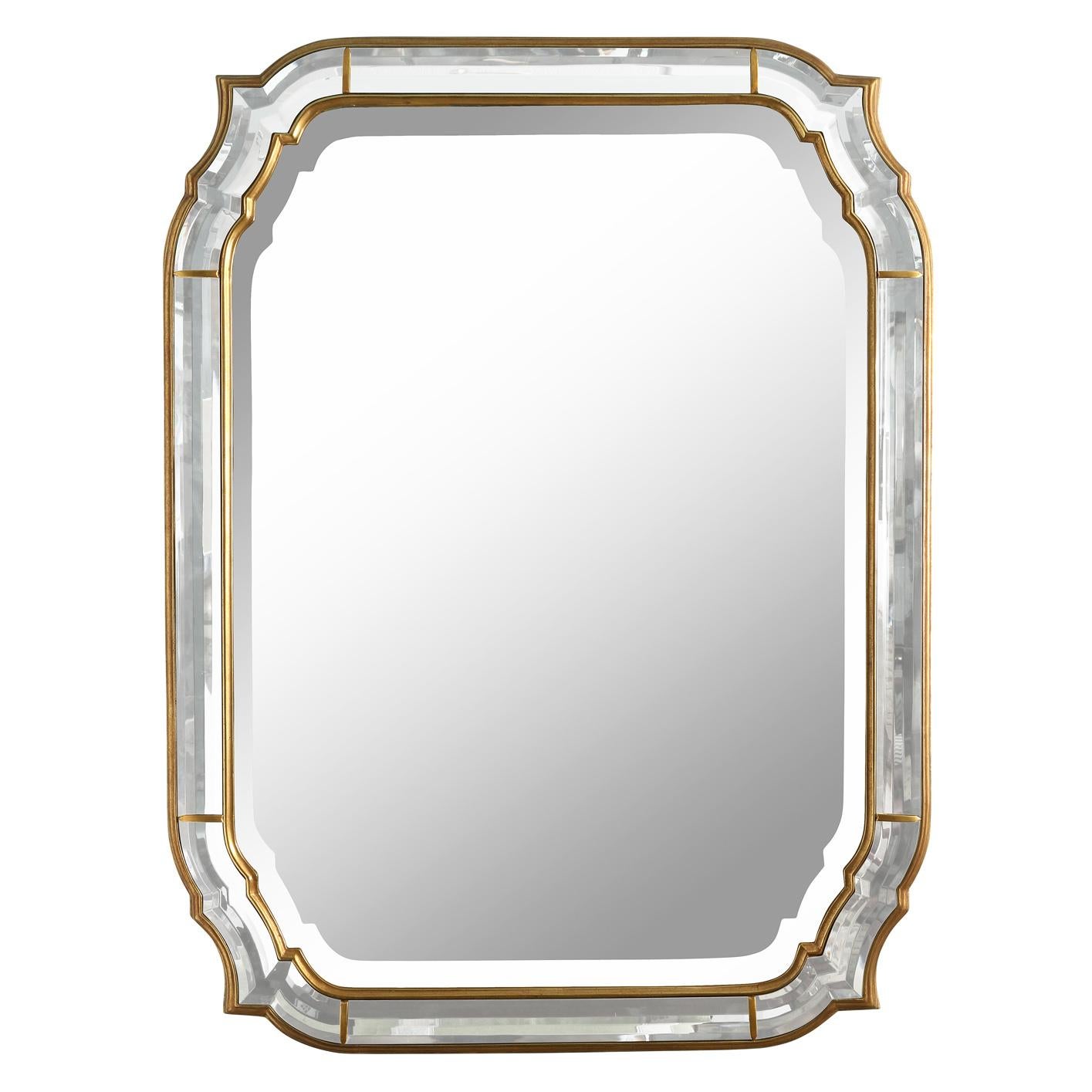 This elegant shaped beveled mirror is encased in a double gilt wood frame, combining intricate craftsmanship with timeless beauty. The mirror’s beveled edges enhance its reflective surface, creating a subtle depth that captures and amplifies light.