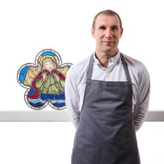 Shaped Ecclesiastical Stained Glass Panel Depicting an Angel